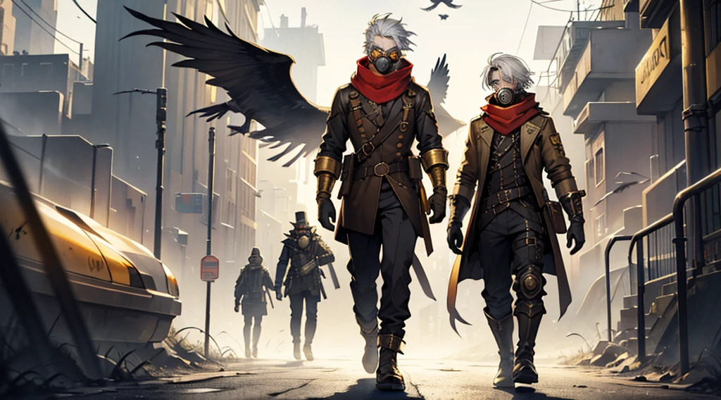 Man with white hair and yellow eyes and in a golden steampunk costume and red scarf and golden gloves and a futuristic style gas mask walking on a radiation road and a gray watercolor style background with flying crows