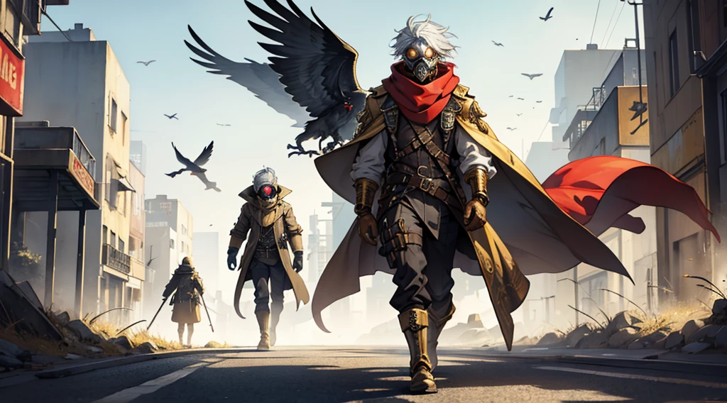 Man with white hair and yellow eyes and in a golden steampunk costume and red scarf and golden gloves and a futuristic style gas mask walking on a radiation road and a gray watercolor style background with flying crows