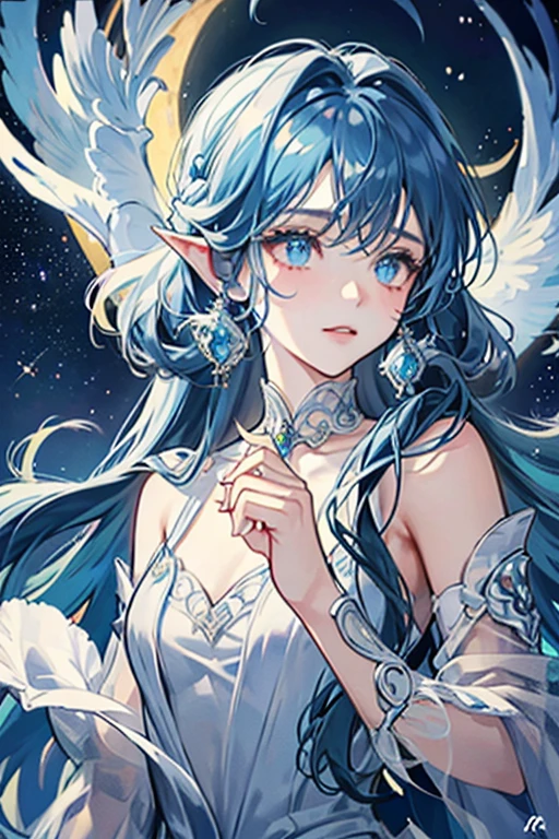 masculino, elfo da lua com uma aura misteriosa e celestial. Ele tem uma estatura elegante, medindo aproximadamente 1,85 metros de altura. Seus cabelos prateados fluem como raios de lua cheia, brilhando com uma luminosidade suave. Seus olhos, deep blue like the starry night sky, refletem a luz prateada da lua. Your features are ethereal, and her pointed ears add a touch of heavenly grace to her face. Selarian&#39;s skin is pale and translucent., como se capturasse a luz da lua. Your presence radiates a reassuring calm, and he carries with him an aura of serenity that inspires confidence,. Vestindo um manto tecido a partir de fios de luz lunar, Selarian dresses in attire that reflects the celestial elegance of his nature. His cloak flows around him like the starry night itself, and jewels encrusted with moonstones adorn her wrists and neck. Every piece of her clothing seems woven from moonlight, creating a show of subtle shine.