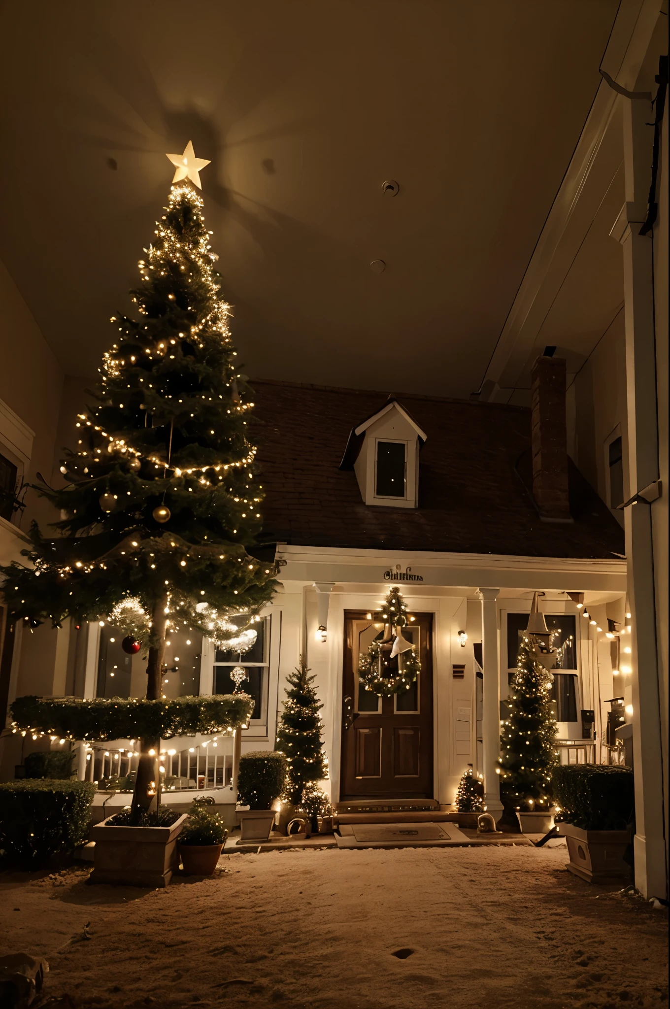 House decorated for Christmas that Has a T Sign in front