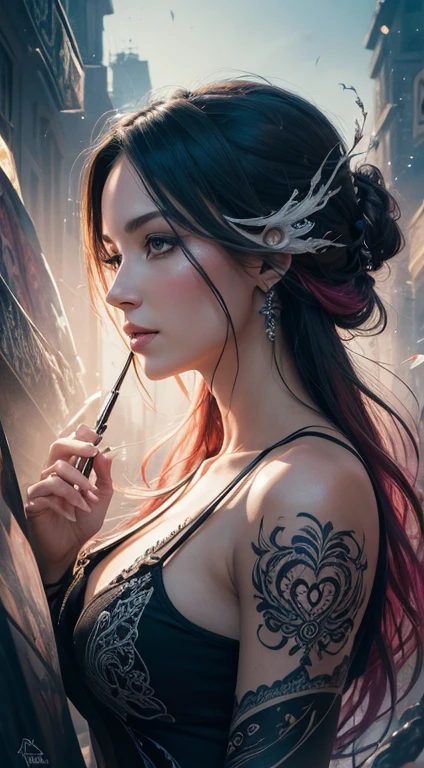 Colorful beautiful woman: Black ink flow: 8k resolution photorealistic masterpiece: by Aaron Horkey and Jeremy Mann: intricately detailed fluid gouache painting: by Jean Baptiste Mongue: calligraphy: acrylic: watercolor art, professional photography, natural lighting, volumetric lighting maximalist photoillustration: by marton bobzert: 8k resolution concept art intricately detailed, complex, elegant, expansive, fantastical