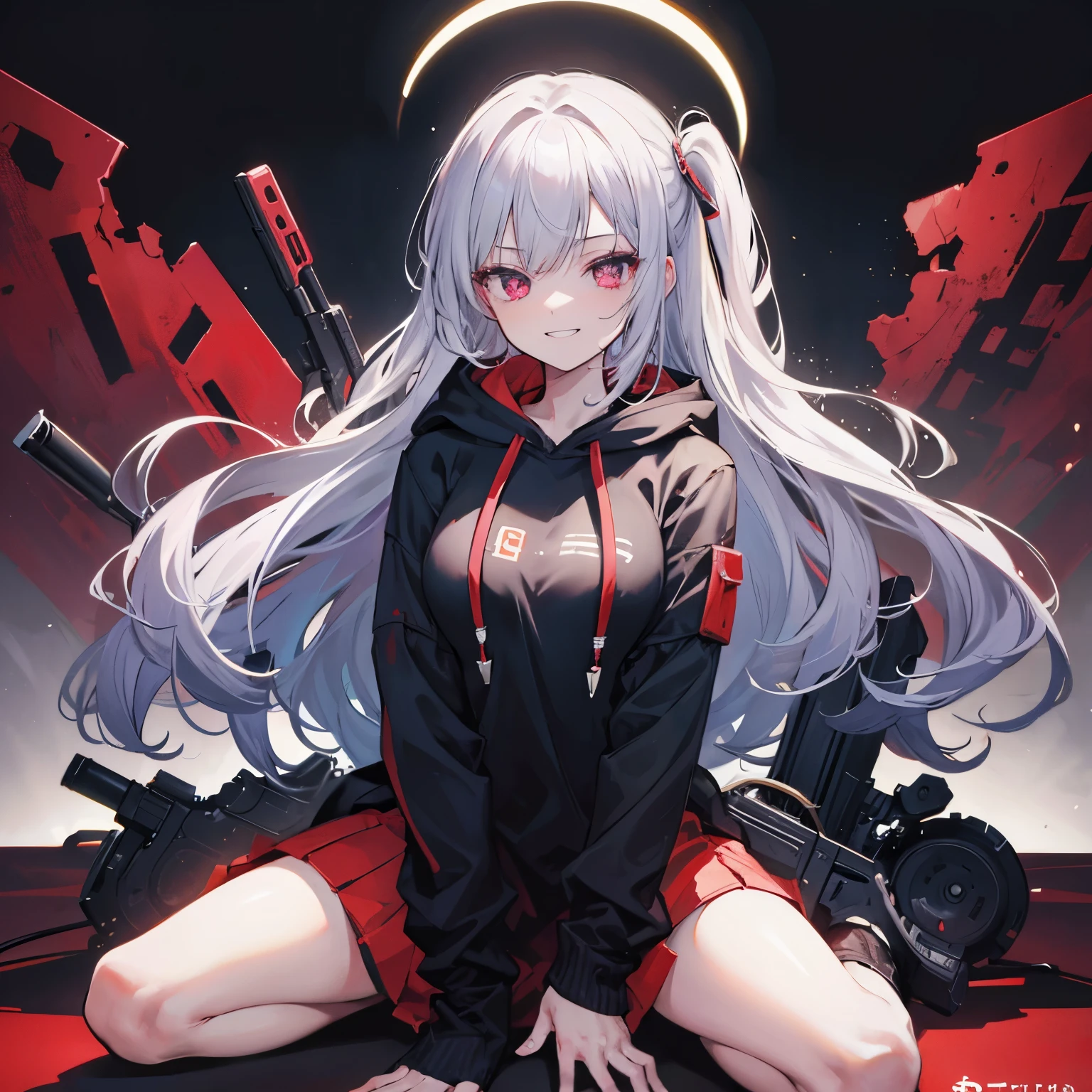 Masterpiece, Top image quality, 4K, one girl, straddling someone, pointing a gun with a bloody hand, macabre smile, Grinning face, There's blood on my cheek, Long silver hair, Crimson eyes, Black hoodie, terrifying