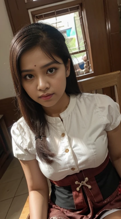 Foto formal seorang anak balita indonesia berambut pendek poni berdiri menghadap kamera setengah badan background berwarna merah