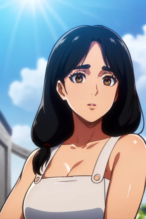 (day:1.7), a city with a lot of buildings and a sky background with clouds in the background and a blue sky, architecture,
Standing at attention, at the roof,
deep cleavage, collarbone, White apron,bare shoulders,
black Hair, brown eyes, Bangs, single braid,
1 girl, 20yo,Young female,Beautiful Finger,Beautiful long legs,Beautiful body,Beautiful Nose,Beautiful character design, perfect eyes, perfect face,expressive eyes,
looking at viewer, in the center of the image,(Upper_body),(close-Up),(Focus on her face),
official art,extremely detailed CG unity 8k wallpaper, perfect lighting,Colorful, Bright_Front_face_Lighting,shiny skin,
(masterpiece:1.0),(best_quality:1.0), ultra high res,4K,ultra-detailed,
photography, 8K, HDR, highres, absurdres:1.2, Kodak portra 400, film grain, blurry background, bokeh:1.2, lens flare, (vibrant_color:1.2)
(Beautiful,large_Breasts:1.4), (beautiful_face:1.5),(narrow_waist),