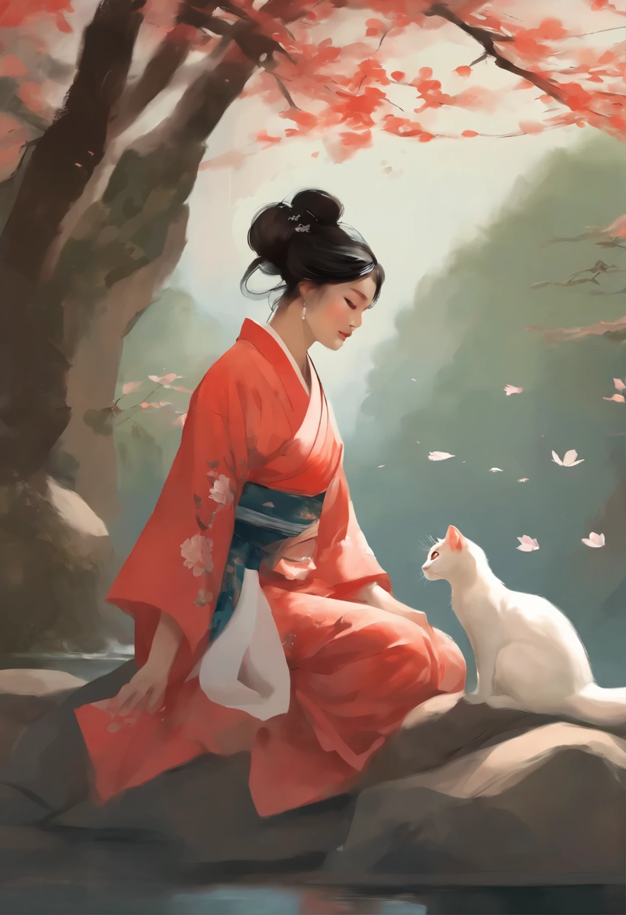 a painting: woman in kimono, sitting on a stone with a cat, beautiful character painting, haruno sakura, artwork in the style of guweiz, inspired by Guan Daosheng, inspired by Bian Shoumin, inspired by Zhibai, the non-binary deity of spring, Japanese Art Style, heise jinyao, High Quality Portrait