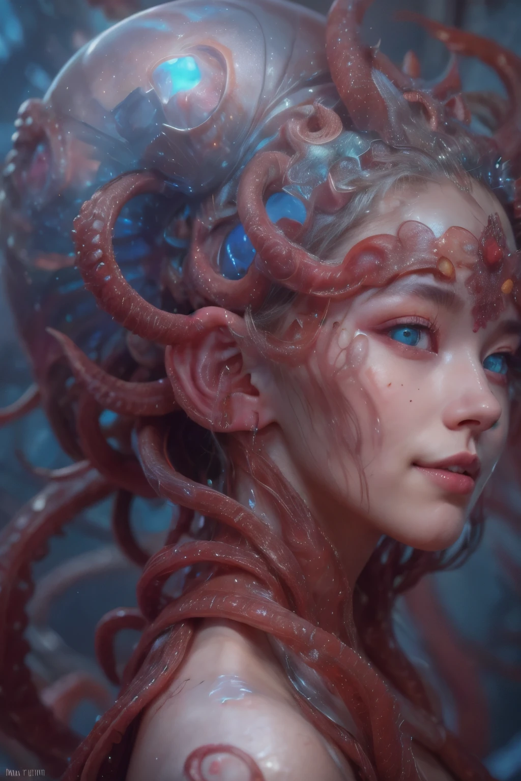 Portrait, (beautiful female alien:1.2), (There is a female genital-like organ in the middle of the forehead:1.8), (The most beautiful face in the history of the universe:1.2), (Scarlet eyes that shine mysteriously:1.6), (Translucent skin:1.8), an evil gaze that seduces, (red eyes:1.5), (large mouth:1.1), sharp teeth like a shark, Full body like, (bio luminescent:1.2), (Smile wickedly:1.3), (sexypose:1.5), alien, No humans, cells are fused, (Lots of translucent tentacles:1.1) (Translucent skin:1.3), extraterrestrial, cell, bio image, Best Quality, 8K,4K_quality, High Definition, Dramatic Lighting, masutepiece:1.5,cinematic quality, detail up, (Intricate details:1.2), High resolution, High Definition, drawing faithfully, (Thick eyebrows:1.2), Beautiful eyes with fine symmetry, (Ultra detailed eyes:1.2),(Highly detailed face and eyes:1.2), (High-resolution red-eye:1.4), Intimate face, (Super detailed skin quality feeling:1.4), Perfect Anatomy, (Beautiful toned body:1.5), (Moist skin:1.2), No makeup, (dark circles:1.1), long canines, cinematic drawing of characters, ultra high quality model, cinematic quality, detail up, (Intricate details:1.2), High resolution, High Definition, drawing faithfully, Official art, Unity 8K wall , 8K Portrait, Best Quality, Very High resolution, ultra detailed artistic photography, midnight aura, unreal enginee 5, Ultra Sharp Focus, art by alberto seveso, ArtGerm, Roisch, intricate artwork, best quality, masutepiece, ultra High resolution, (photos realistic:1.4), Ultra-realistic realism, dream-like, nautilus, Creation of fantasy, Snail, Dream Snail, biopunk nautilus, Thrilling color schemes, Ultra-realistic realism, seductively smiling, Blue tentacles, small breast, (beautiful nipples:1.2),