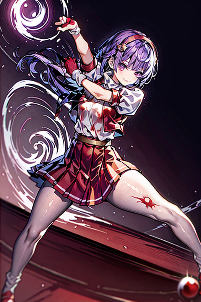 (masterpiece)、(top-quality)、(ultra-detailliert)、intricate detailes、athena97、(1girl in)、独奏、Purple eyes、Purple hair、length hair、White earrings、red hairband、Star hair ornament、Medium Breath、Red vest、White turtleneck、White Puff Sleeves、shortsleeves、Red pleated skirt、(Crimson pantyhose:1.2)、Black pantyhose、Yellow belt、purple sphere shape necklace、Red fingerless gloves、White short socks、Red shoes、evil smile、NSFW、Anime style、(Blood on the face:1.4)、(Fighting stance:1.4),Bloody room