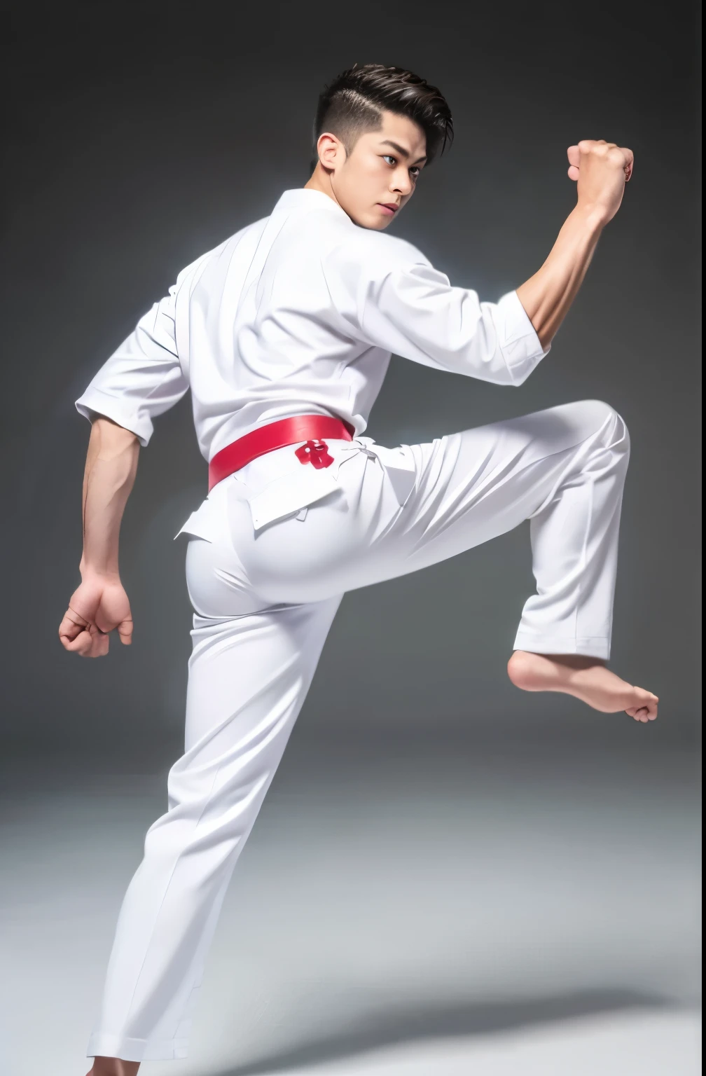 a picture, a handsome, 8k full body poster of a man, Charming sweet look, Move ki, shorth hair, musculature, clong legs, musculatureの足,, bare-legged, 詳細なmusculatureの体格, a picture, (masterpiece, top-quality, top-quality, Official art),side high kick, Stick out your fist, Large and dynamic movements, Photorealistic depiction,20yr old, Toned waist, White Karate Uniform, Karate Belt, White karate pants, Accurate depiction of details, Perfect skeleton, Look straight at your audience, sharp gaze