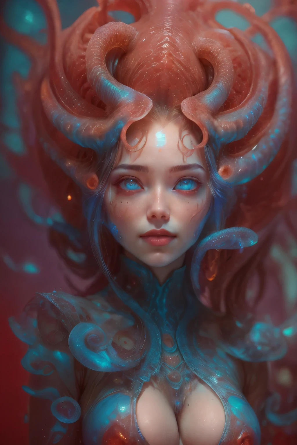 Portrait, (a beautiful female alien:1.2), (There is a female genital-like organ in the middle of the forehead:1.8), (The most beautiful face in the history of the universe:1.2), (Scarlet eyes that shine mysteriously:1.6), (Translucent skin:1.8), an evil gaze that seduces, (red eyes:1.5), (large mouth:1.1), sharp teeth like a shark, Full body like, (bio luminescent:1.2), (Smile wickedly:1.3), (sexypose:1.5), alien, No humans, cells are fused, (Lots of translucent tentacles:1.1) (Translucent skin:1.3), extraterrestrial, cell, bio image, Best Quality, 8K,4K_quality, High Definition, Dramatic Lighting, masutepiece:1.5,cinematic quality, detail up, (Intricate details:1.2), High resolution, High Definition, drawing faithfully, (Thick eyebrows:1.2), Beautiful eyes with fine symmetry, (Ultra detailed eyes:1.2),(Highly detailed face and eyes:1.2), (High-resolution red-eye:1.4), Intimate face, (Super detailed skin quality feeling:1.4), Perfect Anatomy, (Beautiful toned body:1.5), (Moist skin:1.2), No makeup, (dark circles:1.1), long canines, cinematic drawing of characters, ultra high quality model, cinematic quality, detail up, (Intricate details:1.2), High resolution, High Definition, drawing faithfully, Official art, Unity 8K wall , 8K Portrait, Best Quality, Very High resolution, ultra detailed artistic photography, midnight aura, unreal enginee 5, Ultra Sharp Focus, art by alberto seveso, ArtGerm, Roisch, intricate artwork, best quality, masutepiece, ultra High resolution, (photos realistic:1.4), Ultra-realistic realism, dream-like, nautilus, Creation of fantasy, Snail, Dream Snail, biopunk nautilus, Thrilling color schemes, Ultra-realistic realism, seductively smiling, Blue tentacles, small breast, (beautiful nipples:1.2),