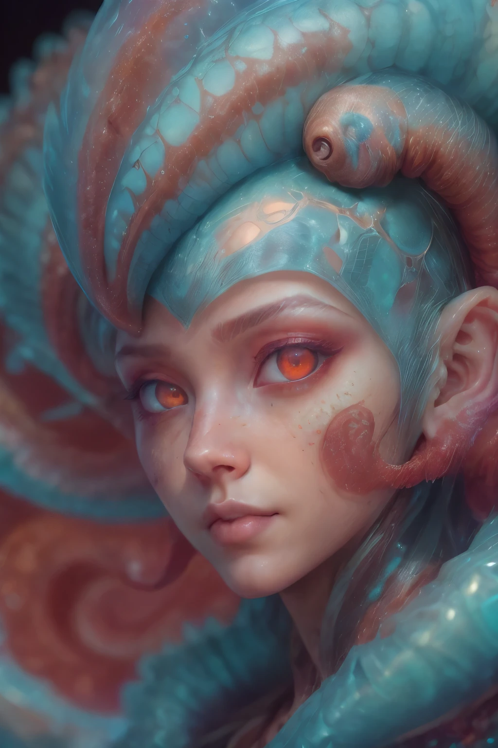 Portrait, (a beautiful female alien:1.2), (There is a female genital-like organ in the middle of the forehead:1.8), (The most beautiful face in the history of the universe:1.2), (Scarlet eyes that shine mysteriously:1.6), (Translucent skin:1.8), an evil gaze that seduces, (red eyes:1.5), (large mouth:1.1), sharp teeth like a shark, Full body like, (bio luminescent:1.2), (Smile wickedly:1.3), (sexypose:1.5), alien, No humans, cells are fused, (Lots of translucent tentacles:1.1) (Translucent skin:1.3), extraterrestrial, cell, bio image, Best Quality, 8K,4K_quality, High Definition, Dramatic Lighting, masutepiece:1.5,cinematic quality, detail up, (Intricate details:1.2), High resolution, High Definition, drawing faithfully, (Thick eyebrows:1.2), Beautiful eyes with fine symmetry, (Ultra detailed eyes:1.2),(Highly detailed face and eyes:1.2), (High-resolution red-eye:1.4), Intimate face, (Super detailed skin quality feeling:1.4), Perfect Anatomy, (Beautiful toned body:1.5), (Moist skin:1.2), No makeup, (dark circles:1.1), long canines, cinematic drawing of characters, ultra high quality model, cinematic quality, detail up, (Intricate details:1.2), High resolution, High Definition, drawing faithfully, Official art, Unity 8K wall , 8K Portrait, Best Quality, Very High resolution, ultra detailed artistic photography, midnight aura, unreal enginee 5, Ultra Sharp Focus, art by alberto seveso, ArtGerm, Roisch, intricate artwork, best quality, masutepiece, ultra High resolution, (photos realistic:1.4), Ultra-realistic realism, dream-like, nautilus, Creation of fantasy, Snail, Dream Snail, biopunk nautilus, Thrilling color schemes, Ultra-realistic realism, seductively smiling, Blue tentacles, small breast, (beautiful nipples:1.2),