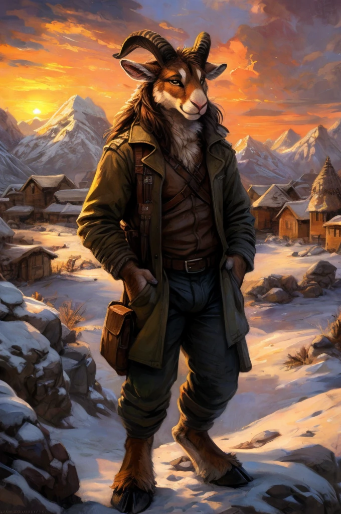 male, solo, anthro, mammal, goat, caprine, (caprine horn), horizontal pupils,  cloven hooves,
fully clothed, bottomwear, topwear, pants, jacket, (adventurer), hand on hip,
fur, fluffy, tuft, chest tuft, long hair, neck tuft, inner ear fluff, digitigrade,
standing, front view, looking at viewer,
(detailed background), outside, rock, sunbeam, snowy peaks, sunrise, (village:1.3),
by kenket, by darkgem, by miosha,
fully clothed, bottomwear, topwear, pants, jacket, (adventurer), hand on hip,
fur, fluffy, tuft, chest tuft, long hair, neck tuft, inner ear fluff, digitigrade,
standing, front view, looking at viewer,
(detailed background), outside, rock, sunbeam, snowy peaks, sunrise, (village:1.3),
by kenket, by darkgem, by miosha,