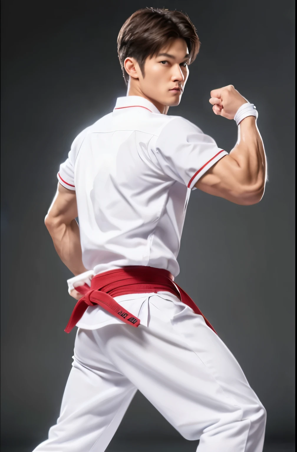 a picture, a handsome, 8k full body poster of a man, Charming sweet look, Move ki, shorth hair, musculature, clong legs, musculatureの足,, bare-legged, 詳細なmusculatureの体格, a picture, (masterpiece, top-quality, top-quality, Official art),side high kick, Stick out your fist, Large and dynamic movements, Photorealistic depiction,20yr old, Toned waist, White Karate Uniform, Karate Belt, White karate pants, Accurate depiction of details, Perfect skeleton, Look straight at your audience, sharp gaze