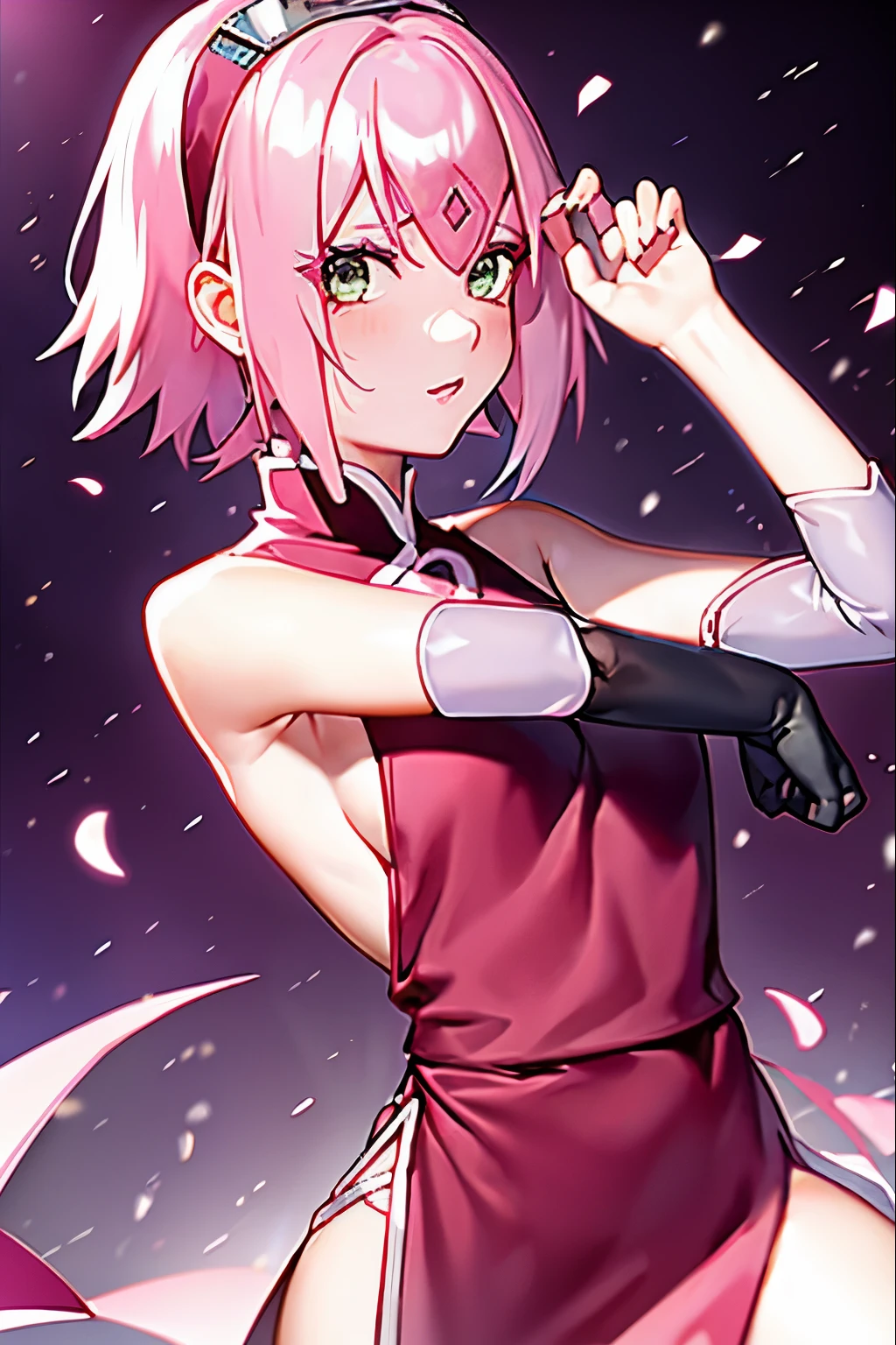 sakura haruno,Naruto\(series\),Naruto疾ventania传,SakuraNS,detailedbackground,1girl,Konoha ninja symbol,By bangs,,Keep one's mouth shubow sleeves,eye visible through hair,Floating hair,Forehead,ssee-through,greene eyes,tying hair、shairband、looki at viewer、分By bangs、Pink hair、红The shirt、The shirt、short detailed hair、无袖、无袖The shirt、smallunderboob、solo、The upper part of the body、V-shaped eyebrow、White background、ventania、portrait、( (tmasterpiece))