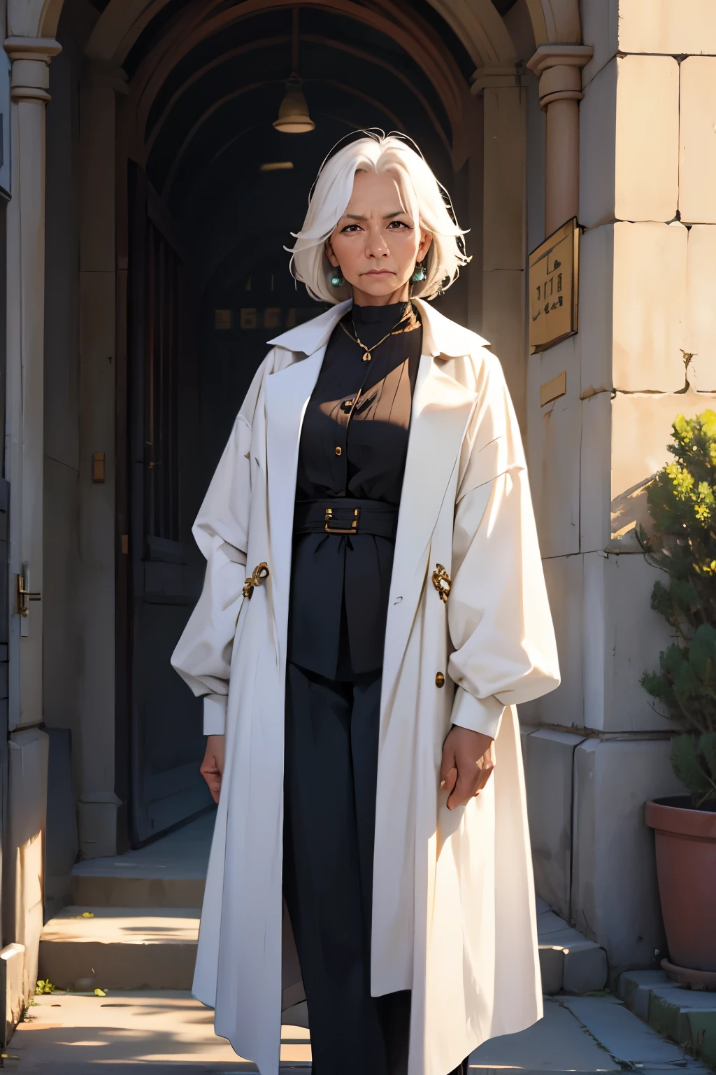 Make an old woman, fifty years old, beautiful. With some wrinkles on his face, brown eyes, the bottom half of his hair is black and the other half is white. Elegant and formal clothing, serious look. Standing in the sunlight.