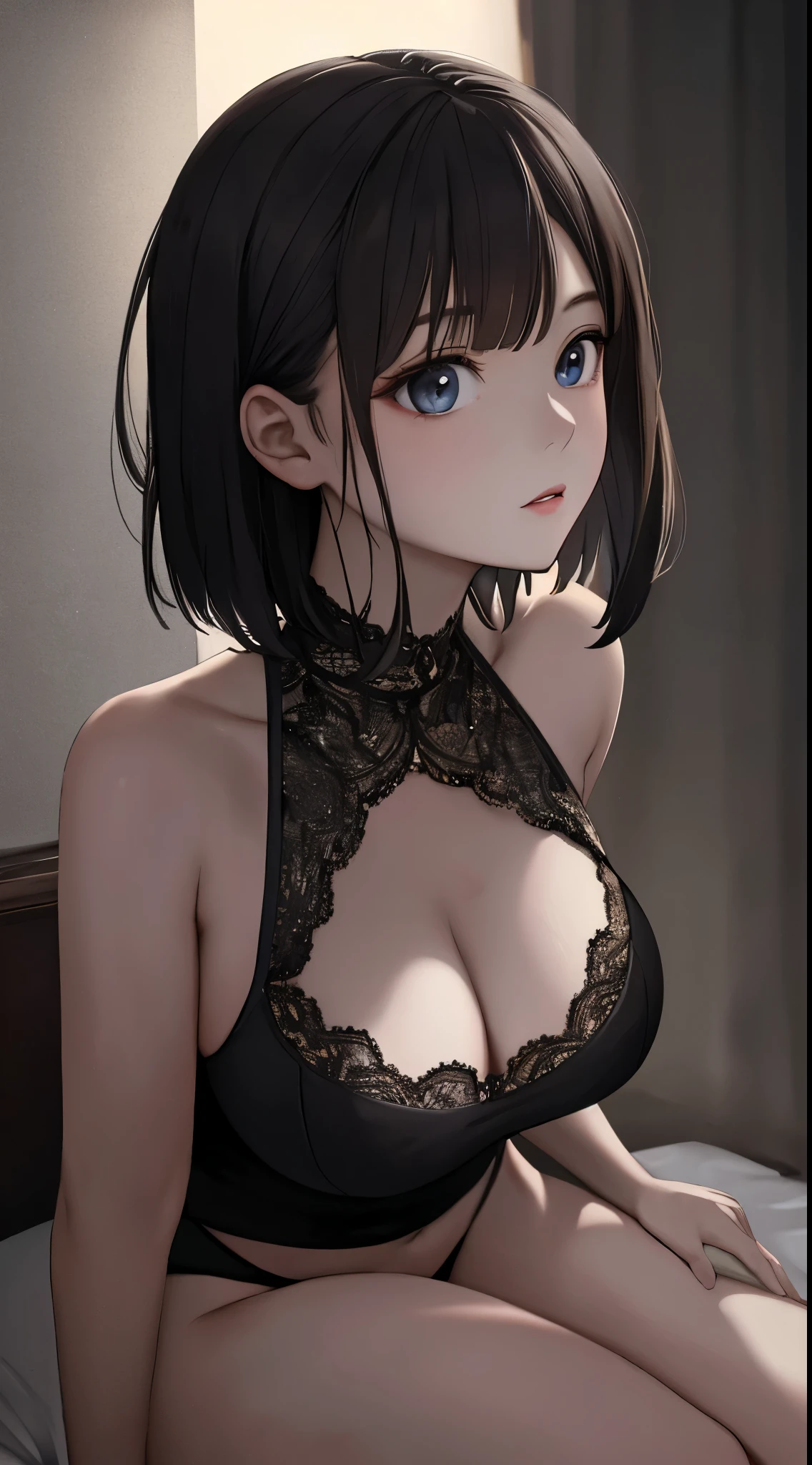 best quarity, masterpiece, 超A high resolution, (Lifelike:1.5), Raw foto, 1 girl in, shoulder, in the darkness nigth, deepshadow, lowkey, cold light, Sexy look, shorth hair,Colossal tits,undergarment,pantiy,FULL BODYSHOT
