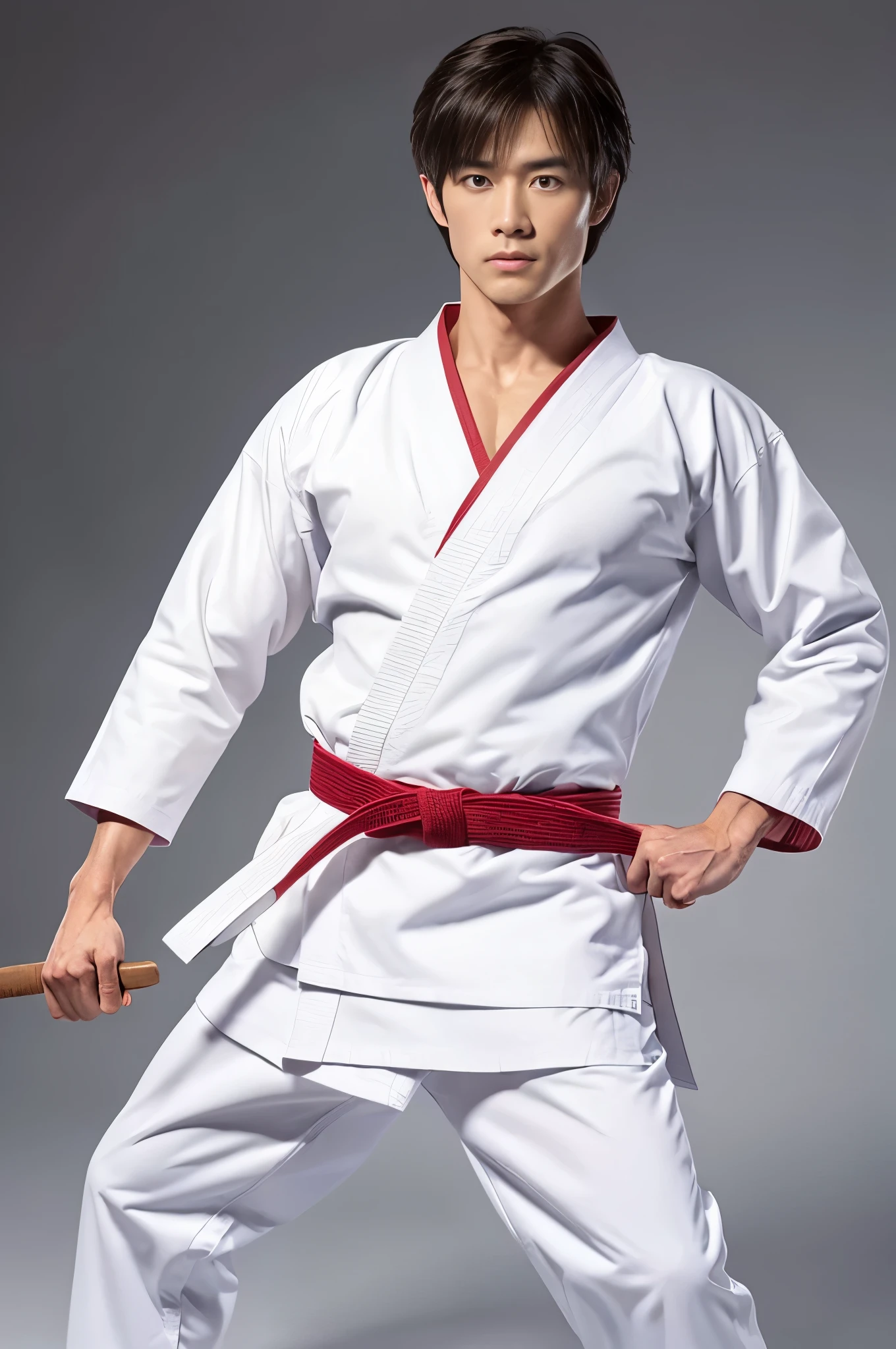 a picture, a handsome, 8k full body poster of a man with a charming gentle expression, Move ki, shorth hair, musculature, clong legs, musculatureの足,, bare-legged, 詳細なmusculatureの体格, a picture, (masterpiece, top-quality, top-quality, Official art), Stick out your fist, Large and dynamic movements, Photorealistic depiction,20yr old, Toned waist, White Karate Uniform, Karate Belt, White karate pants, Accurate depiction of details, Perfect skeleton, Look straight at your audience, sharp gaze