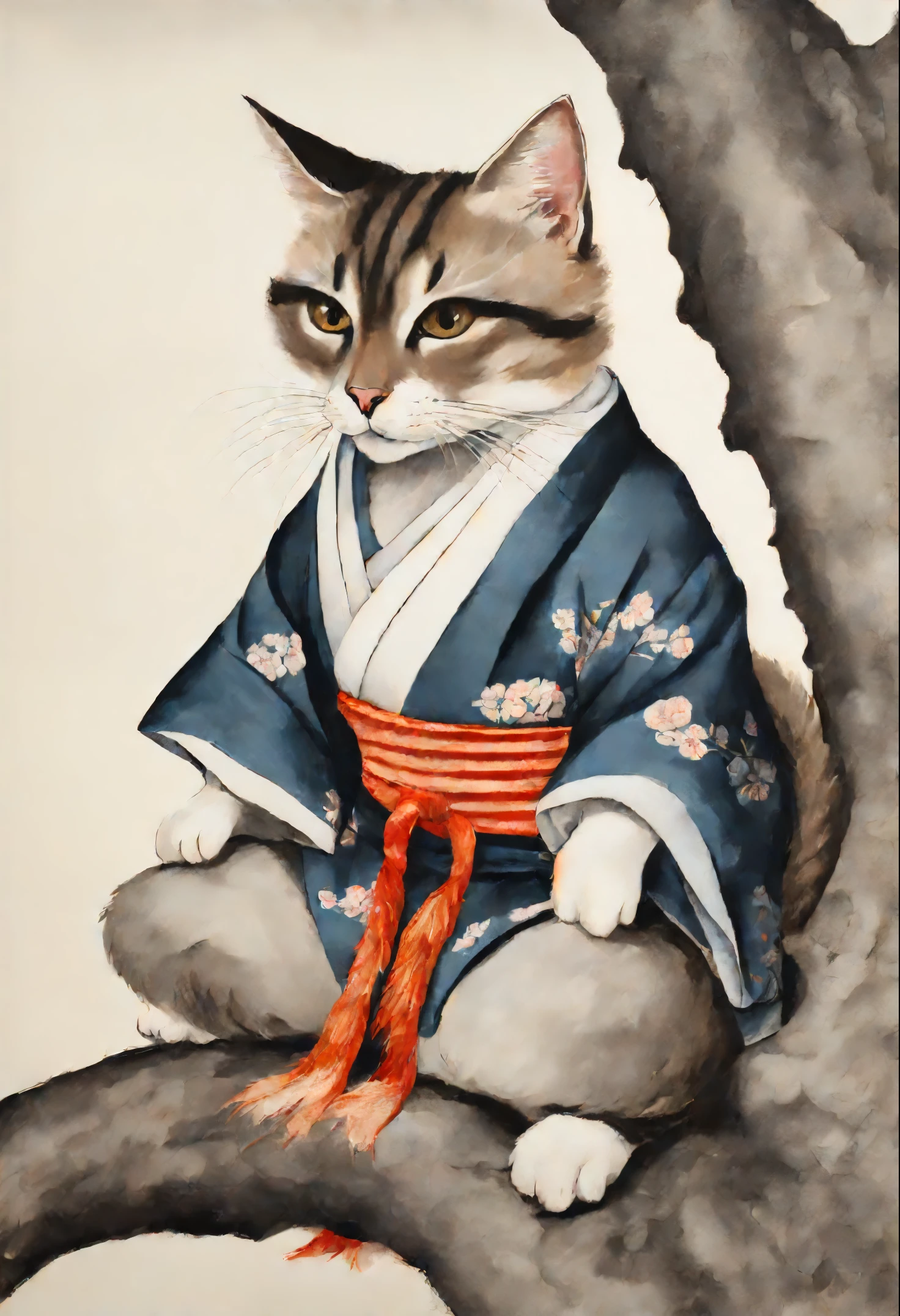 Painting of a cat in a kimono, sitting on a tree, Anime Cat, Samurai cat, inspired by Koson Ohara, inspired by Ohara Koson, realistic Anime Cat, inspired by Tōshūsai Sharaku, Japanese Art Style, Monk Tabaxi, anthropomorphic cat ninja, neko, Kitsune, fox nobushi, racoon +cat