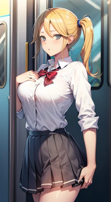 masutepiece, of the highest quality, High resolution,
grasp, ,
High school girl grabbed by the buttocks on the train,
(School uniform, Pleated skirt),
Beautiful One Girl, a blond, Side Ponytail, Beautiful face, Beautiful detailed eyes, Beautiful body, Beautiful chest, beautiful thigh,
(3 Male, (電車内で女の子のお尻をgrasp痴漢:1.5, Man grabbing girl's chest on train:1.2)),