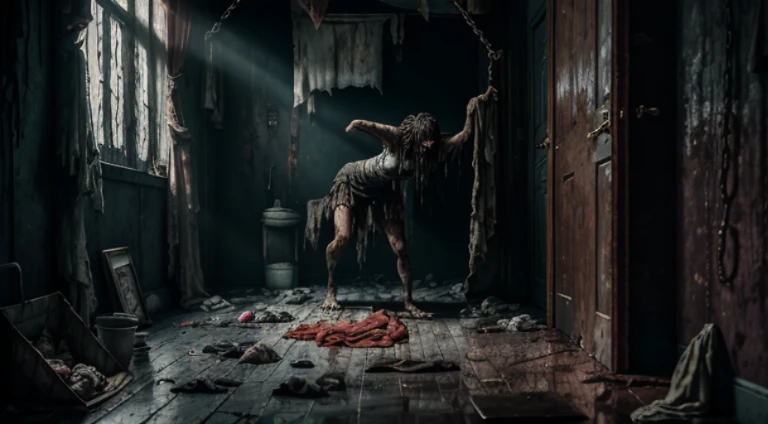 woman with twisted arms and legs crawling across the floor, body covered in wet shroud, claws on hands and feet, sweaty and dirty skin, expression of hatred, bulging red eyes, twisted body, extra arms, extra legs, long wet filthy black hair, mutation, scary, lovecraft, filthy and shadowy room with moldy walls, crucifix hanging on the wall, puddle, Garbage on the floor, untidy and filthy old bed, ghostly light, chains and hooks, dirt and bones on the floor