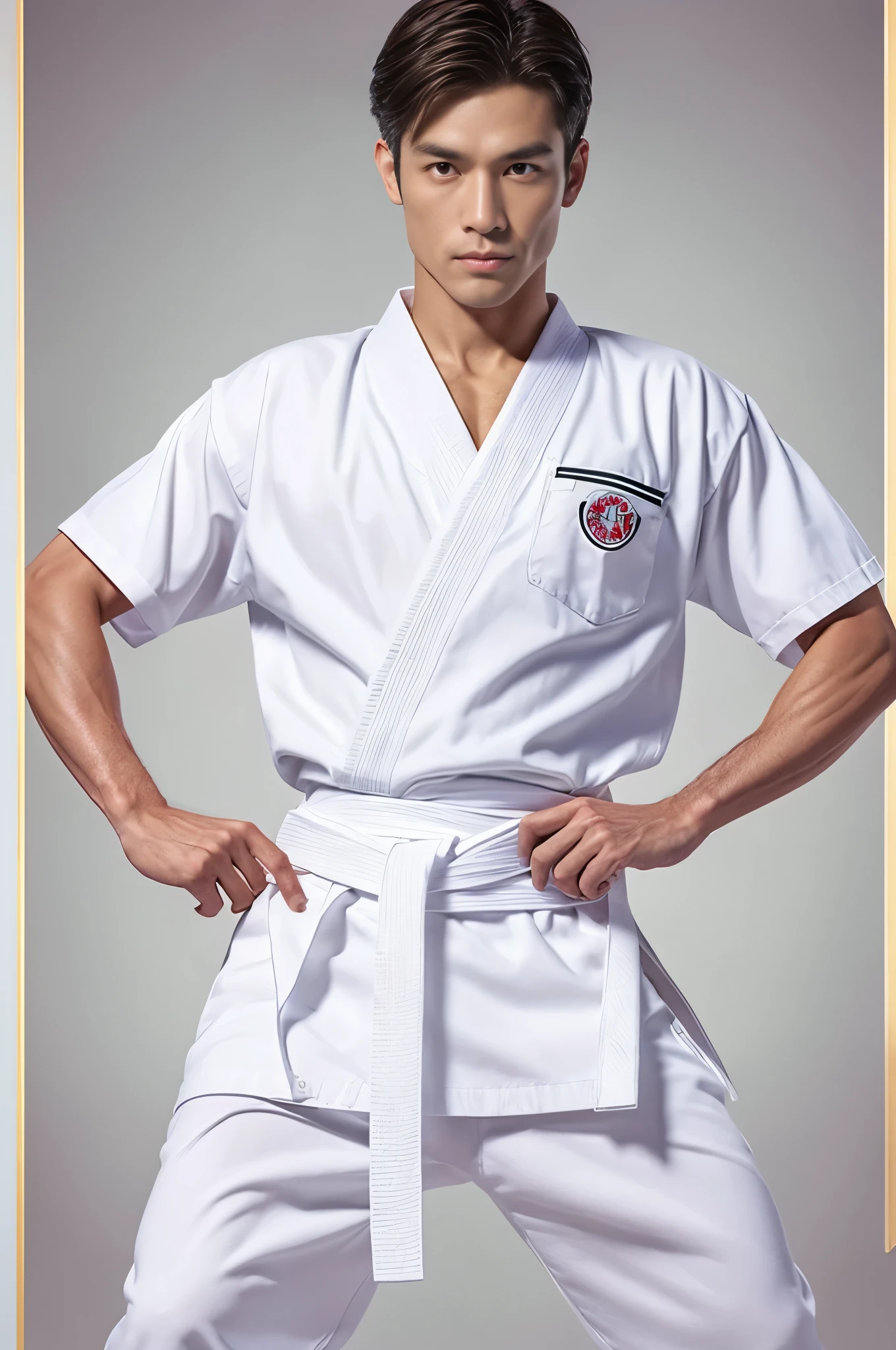 a picture, a handsome, 8k full body poster of a man with a charming gentle expression, Move ki, shorth hair, musculature, clong legs, musculatureの足,, bare-legged, 詳細なmusculatureの体格, a picture, (masterpiece, top-quality, top-quality, Official art), Stick out your fist, Large and dynamic movements, Photorealistic depiction,20yr old, Toned waist, White Karate Uniform, Karate Belt, White karate pants, Accurate depiction of details, Perfect skeleton, Look straight at your audience, sharp gaze