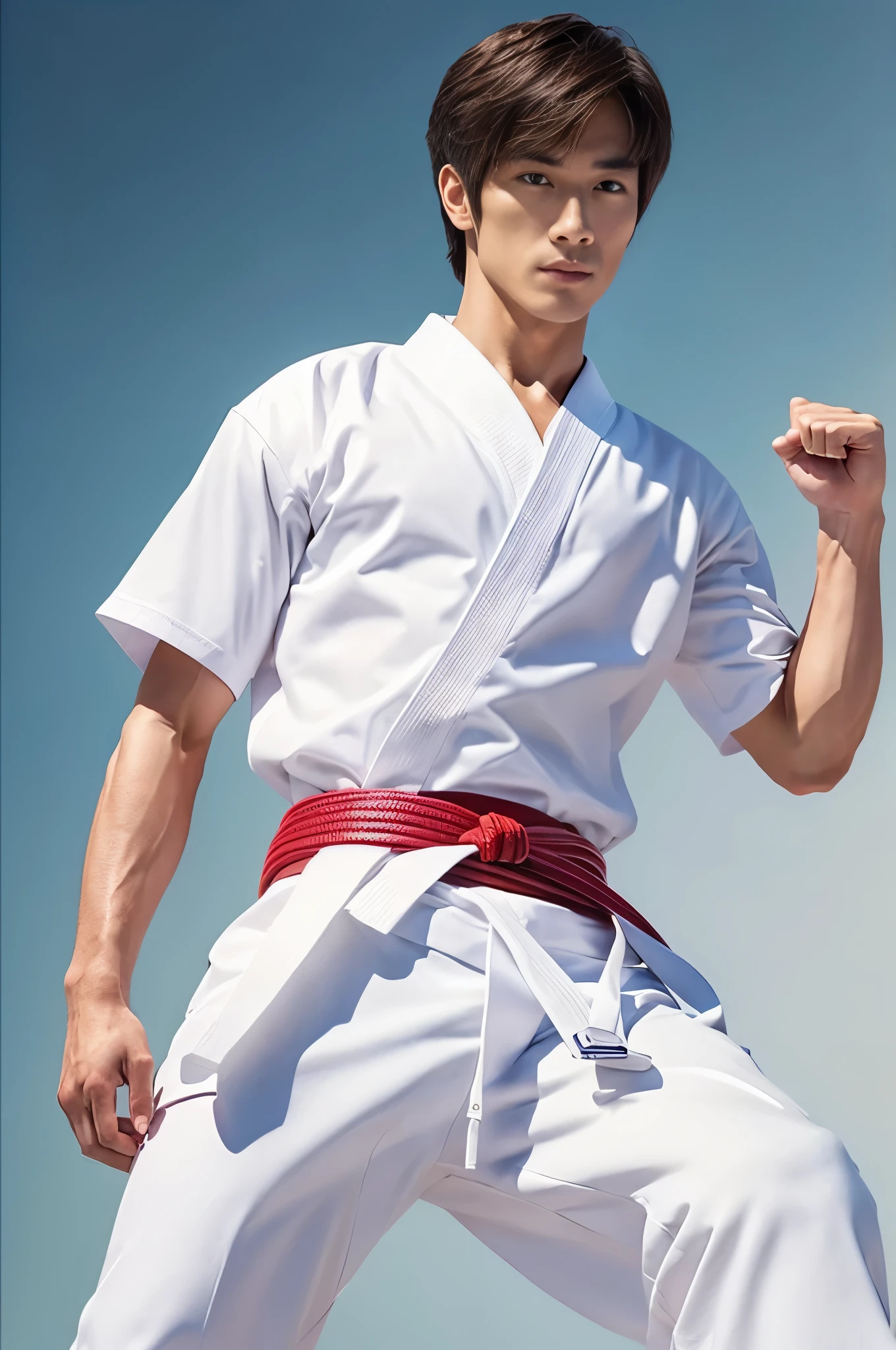 a picture, a handsome, 8k full body poster of a man with a charming gentle expression, Move ki, shorth hair, musculature, clong legs, musculatureの足,, bare-legged, 詳細なmusculatureの体格, a picture, (masterpiece, top-quality, top-quality, Official art), Stick out your fist, Large and dynamic movements, Photorealistic depiction,20yr old, Toned waist, White Karate Uniform, Karate Belt, White karate pants, Accurate depiction of details, Perfect skeleton, Look straight at your audience, sharp gaze