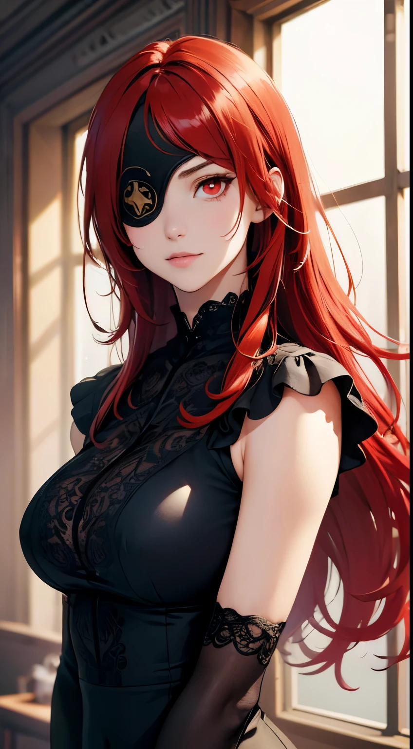 masterpiece, best quality, (highres:1.4), huge breasts, breasts press, hollow eyes, sweating, smirk, upper teeth, (detailed body:1.4), gift box,, (red hair, red eyes:1.4), (eyepatch:1.2), (long hair:1.4), Photorealistic, Hyperrealistic, Hyperdetailed, analog style, detailed skin, matte skin, soft lighting, subsurface scattering, realistic, heavy shadow, masterpiece, best quality, ultra realistic, 8k, golden ratio, Intricate, High Detail, film photography, soft focus