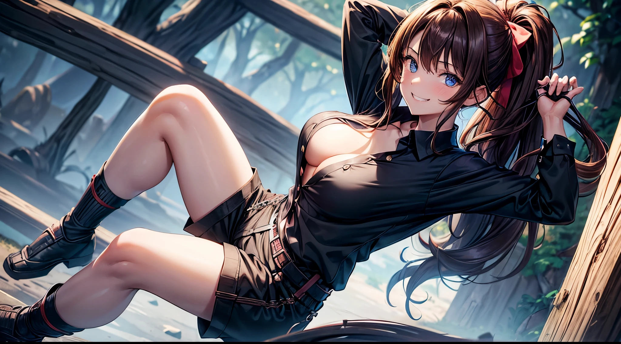 1girl, solo, ((full body)), village, trees, brown hair, long hair, curly hair, ponytail, large breasts, button down shirt, ninja, ((black shirt)), ((unbuttoned shirt)), ((short sleeved shirt)), blue eyes, black shorts, katana, grin, looking at the viewer, standng, hair ribbon, bandage