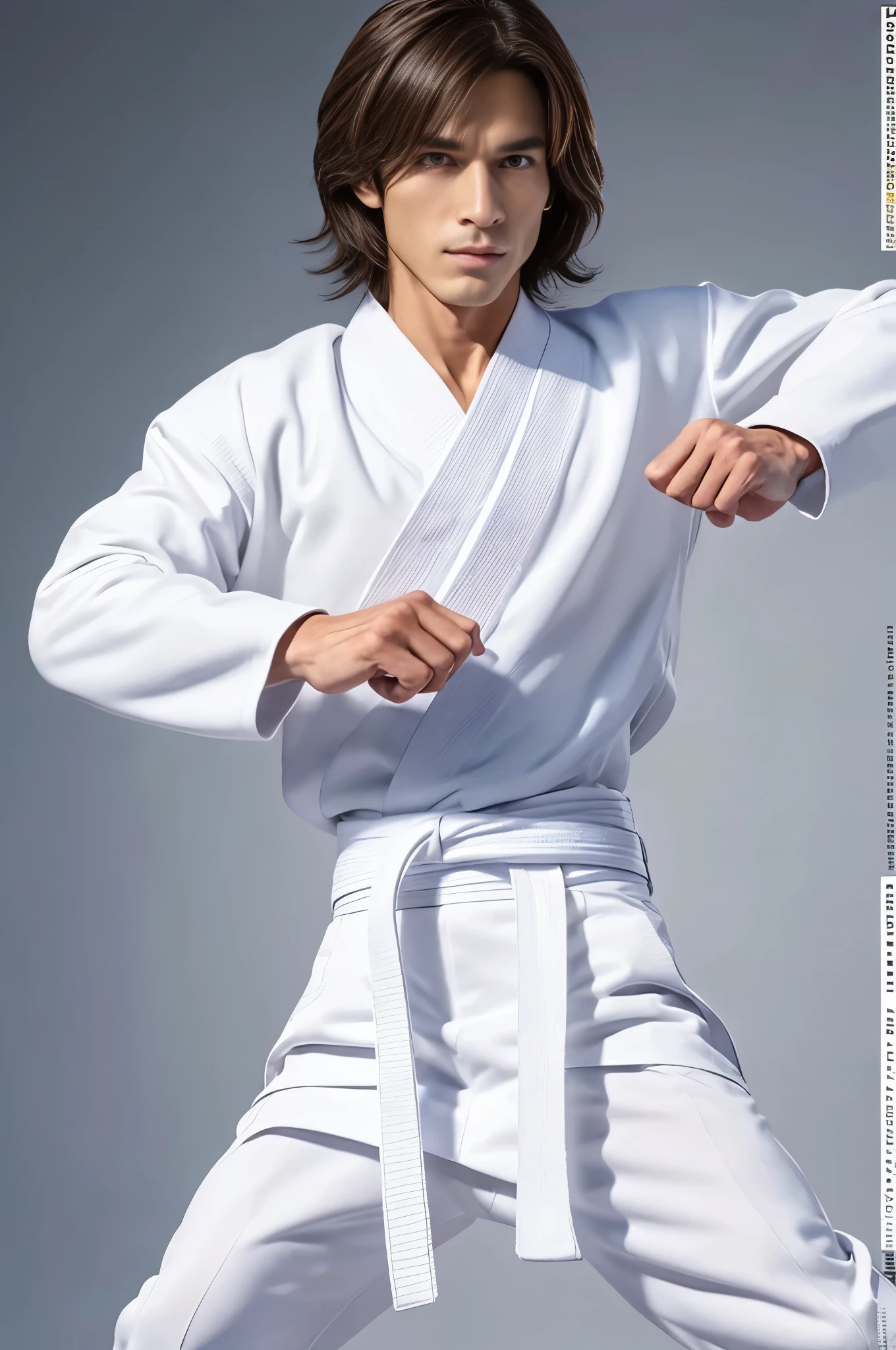 a picture, a handsome, 8k full body poster of a man with a charming gentle expression, Move ki, shorth hair, musculature, clong legs, musculatureの足,, bare-legged, 詳細なmusculatureの体格, a picture, (masterpiece, top-quality, top-quality, Official art), Stick out your fist, Large and dynamic movements, Photorealistic depiction,20yr old, Toned waist, White Karate Uniform, Karate Belt, White karate pants, Accurate depiction of details, Perfect skeleton, Look straight at your audience, sharp gaze