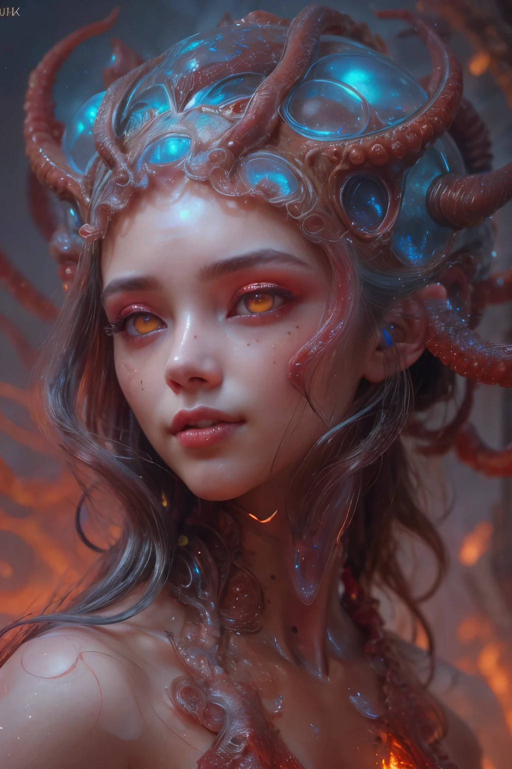 Portrait, (a beautiful female alien:1.2), (There is a female genital-like organ in the middle of the forehead:1.8), (The most beautiful face in the history of the universe:1.2), (Scarlet eyes that shine mysteriously:1.6), (Translucent skin:1.8), an evil gaze that seduces, (red eyes:1.5), (large mouth:1.1), sharp teeth like a shark, Full body like, (bio luminescent:1.2), (Smile wickedly:1.3), (sexypose:1.5), alien, No humans, cells are fused, (Lots of translucent tentacles:1.1) (Translucent skin:1.3), extraterrestrial, cell, bio image, Best Quality, 8K,4K_quality, High Definition, Dramatic Lighting, masutepiece:1.5,cinematic quality, detail up, (Intricate details:1.2), High resolution, High Definition, drawing faithfully, (Thick eyebrows:1.2), Beautiful eyes with fine symmetry, (Ultra detailed eyes:1.2),(Highly detailed face and eyes:1.2), (High-resolution red-eye:1.4), Intimate face, (Super detailed skin quality feeling:1.4), Perfect Anatomy, (Beautiful toned body:1.5), (Moist skin:1.2), No makeup, (dark circles:1.1), long canines, cinematic drawing of characters, ultra high quality model, cinematic quality, detail up, (Intricate details:1.2), High resolution, High Definition, drawing faithfully, Official art, Unity 8K wall , 8K Portrait, Best Quality, Very High resolution, ultra detailed artistic photography, midnight aura, unreal enginee 5, Ultra Sharp Focus, art by alberto seveso, ArtGerm, Roisch, intricate artwork, best quality, masutepiece, ultra High resolution, (photos realistic:1.4), Ultra-realistic realism, dream-like, nautilus, Creation of fantasy, Snail, Dream Snail, biopunk nautilus, Thrilling color schemes, Ultra-realistic realism, seductively smiling, Blue tentacles, small breast, (beautiful nipples:1.2),