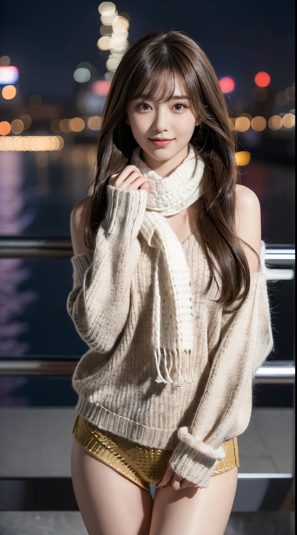 1 japanese girl,(Sweaters:1.4),(She wore a knitted scarf around her neck covering her chin:1.5), (RAW photogr, Best quality at best), (actual, 真实感:1.4),(Focus on thighs and above),Dynamic posture，Superskirt， Extremely Delicately Beautiful, The content is very detailed, 8K wall,  Extremely detailed CG unification, A high resolution, gentlesoftlighting, Beautiful detailed 25 year old, Extremely detailed eyes and face, beautiful detailed nose, beautidful eyes,电影灯光,city light at night,perfect anatomia,long slim figure,Smiling (hair messy, asymmetricalbangs, Light brown hair,)