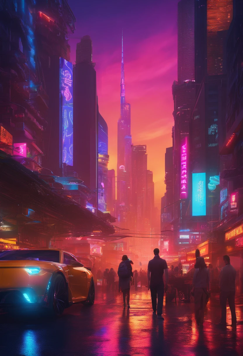 (best quality,4k,8k,highres,masterpiece:1.2),ultra-detailed,(realistic,photorealistic,photo-realistic:1.37),brightly-lit cityscape,spectacular skyline,shimmering lights reflecting on the water,towering skyscrapers,futuristic architecture,evening haze,hustling and bustling night streets,vibrant nightlife,neon signs flickering,street vendors selling delicious food,glowing traffic lights,people enjoying drinks at rooftop bars,pulsating energy,concept artists,night photography,deep blue and purple color palette,golden hour lighting