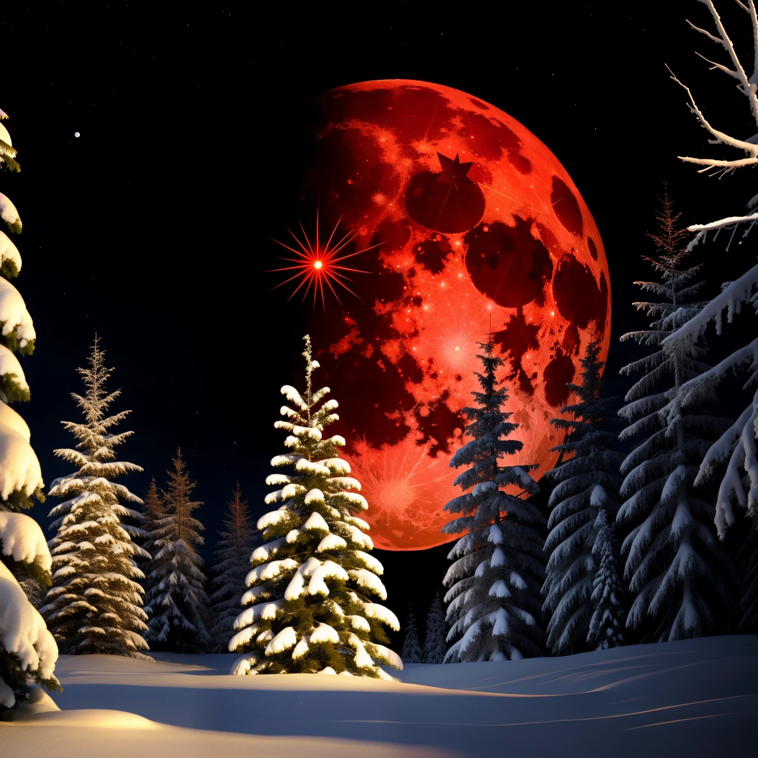 flat clearing, Forest edge in winter, snowdrifts, night, blood on the snow, horror, nightmare, Christmas, New Year, dense forest in the background, red moon, streaks of blood,
