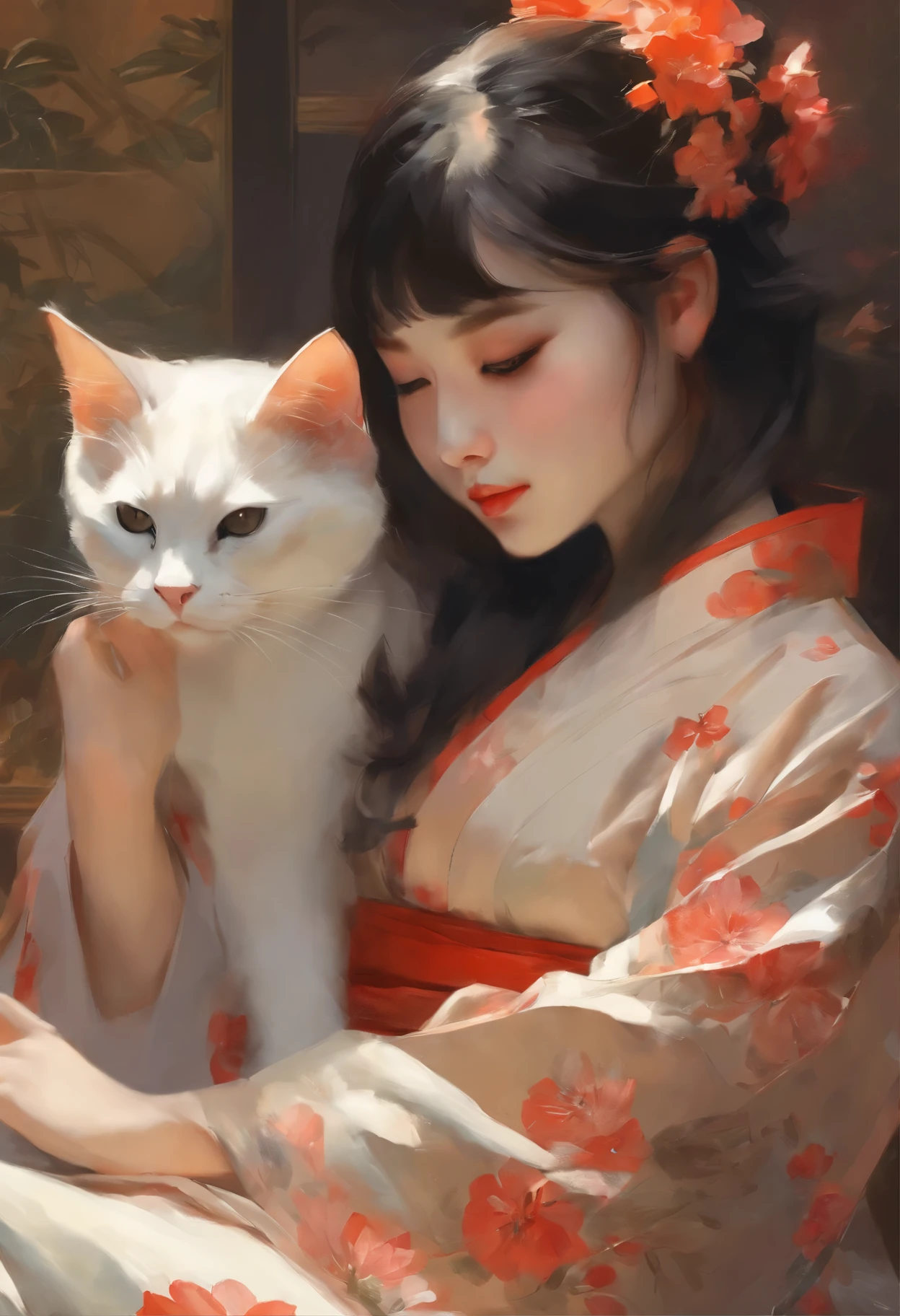 a painting: woman in kimono, sitting with a cat, artwork in the style of guweiz, Gao Fenghan, neko, guweiz, guweiz masterpiece, Japanese Art Style, artgerm and atey ghailan, ruan jia and artgerm, Lu Guang, Yang J, artgerm and ruan jia