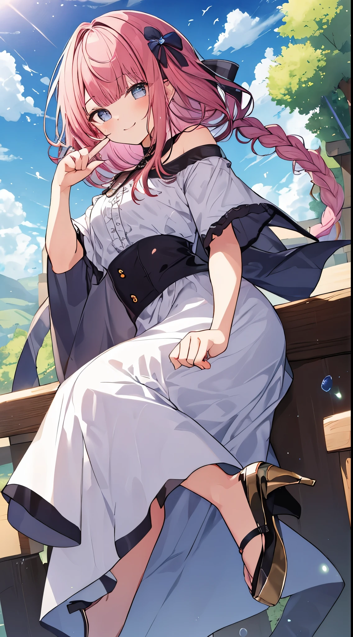 top-quality、masuter piece、超A high resolution、8K、((Ruffled tops、White skirt、high-heels))、girl cartoon style 、1 persons、Soft line art、Digital Enhancement、A touch of shoujo manga、Shoujo Mangacore、Flowing fabric、Big close-up、(Shoulder length hair and short braids,))、wetting hair、Staring at us from the front、Soft drawing、Beautiful pink hair、Clear eyes、((Teasing smile))、Ultra-detailed digital anime art、Clear face depiction、Super detailed shoujo manga character art、Ultra-detailed manga style、top-quality色、hand gesture、piece sign、Landscape with nature、look up sky、Angle that shows the chest