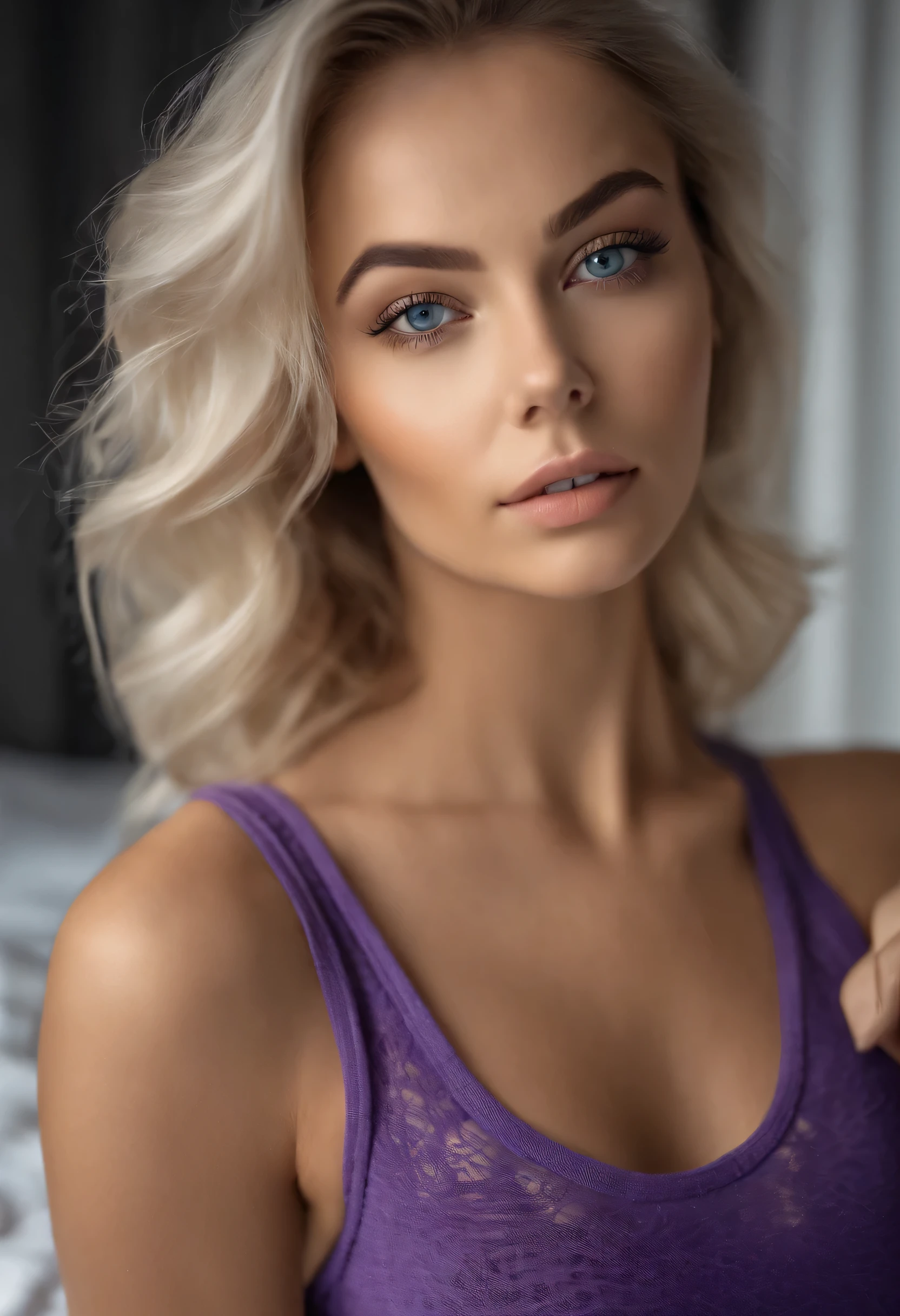 woman with matching tank top and panties, with blue eyes, portrait sophie mudd, portrait corinna kopf, blonde hair and large eyes, Selfie einer jungen Frau, Augen im Schlafzimmer, Violet Myers, ohne Make-up, Natural makeup, Blick direkt in die Kamera, Gesicht mit Artgram, dezentes Make-up, Stunning full body shot, im Schlafzimmer, Spaltung