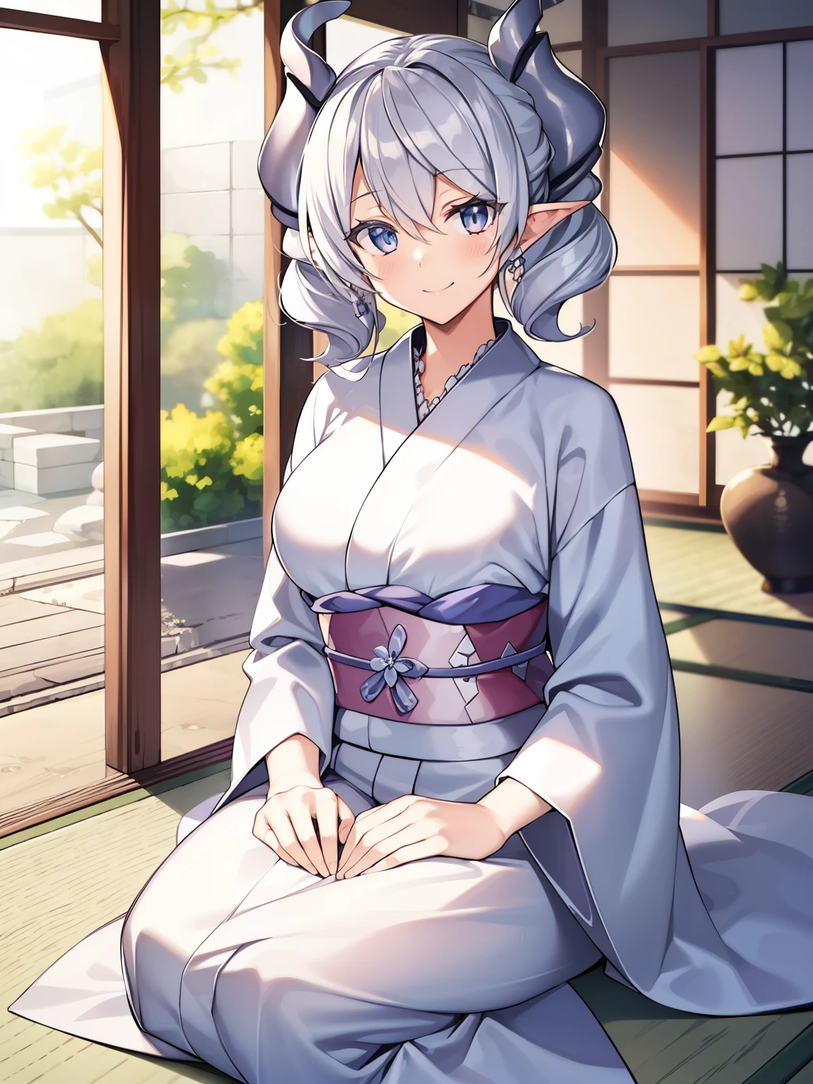 (masutepiece, Best Quality, hight resolution, nffsw, Perfect Pixel, depth of fields, 4K), 
1girl in,  Lori, Beautiful anime girl, 
Looking at Viewer, 
Perfect body,  

White hair, Silver Devil's Horn, 

Smile, 
Silver kimono,
Seiza, Sitting,
Tatami mats,