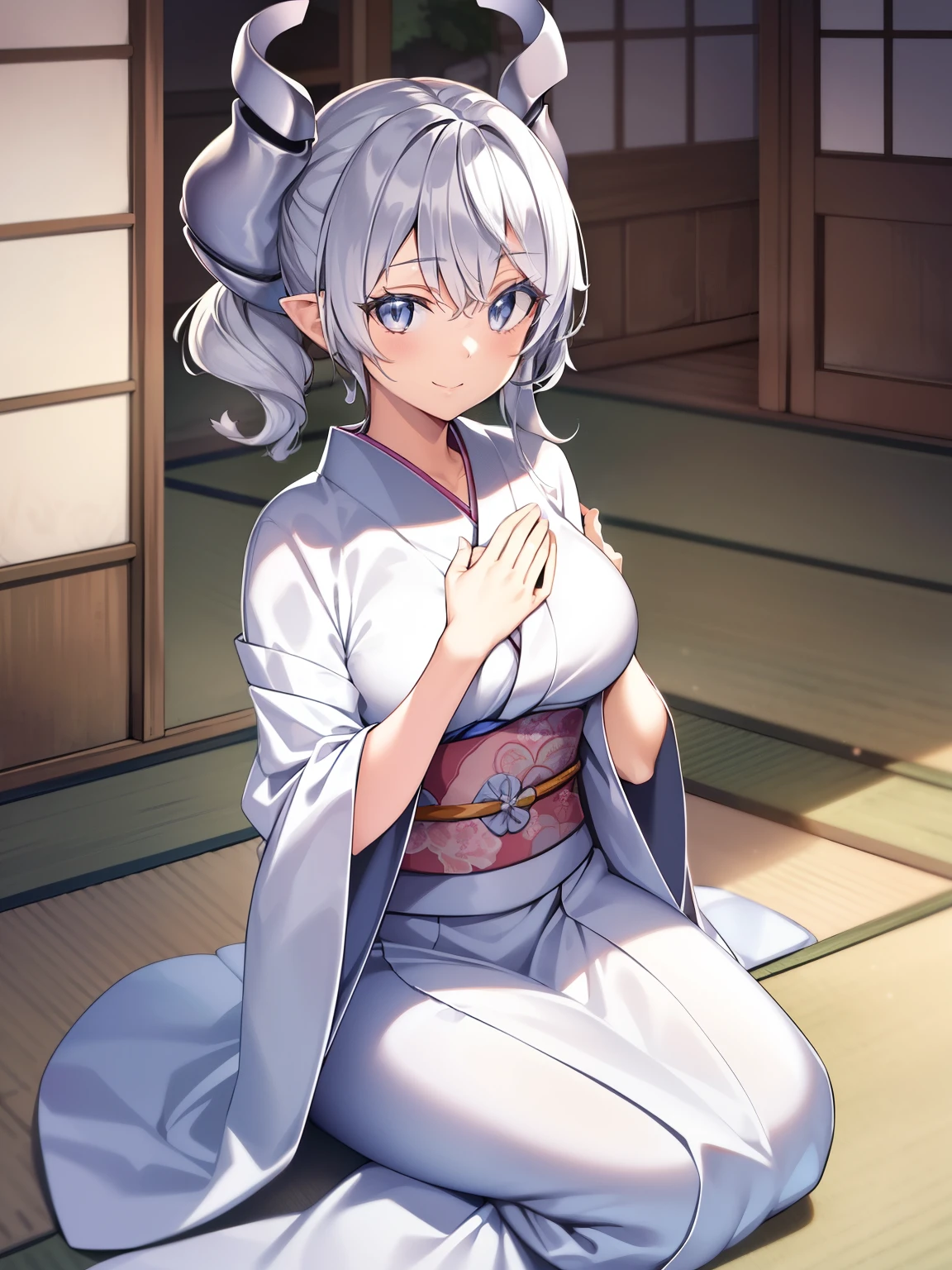 (masutepiece, Best Quality, hight resolution, nffsw, Perfect Pixel, depth of fields, 4K), 
1girl in,  Lori, Beautiful anime girl, 
Looking at Viewer, 
Perfect body,  

White hair, Silver Devil's Horn, 

Smile, 
Silver kimono,
Seiza, Sitting,
Tatami mats,