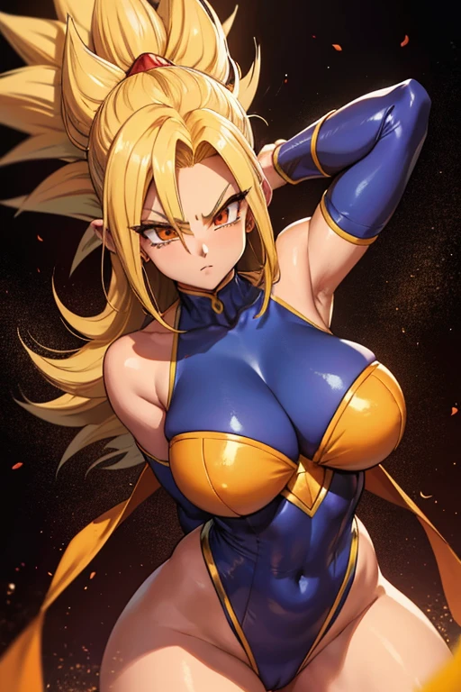 a female Saiyan of average height, But his presence is imposing. Your hair is long, black and fluttering, going halfway up the back, and has a golden coloring that shines brightly when she transforms into Super Saiyan 4.. Seus olhos, normalmente castanhos, transformam-se em um tom dourado vibrante quando ela atinge essa forma poderosa.
Transforming into Super Saiyan 4 adds red-orange fur that covers much of his body, combinando perfeitamente com sua cauda, que se torna mais longa e densa. Marcas faciais tribais aparecem em ambos os lados de seu rosto, adding a fierce touch to your appearance.
Em sua forma base, Saira veste um traje de batalha Saiyan, composto por um bodysuit justo e resistente. Quando se transforma em Super Saiyan 4, part of her clothing comes undone to accommodate the transformation, revealing the raw strength and pulsating energy that emanates from her.