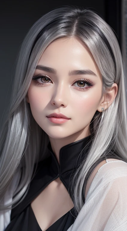 animesque、portraitures、One Person２０age、Pretty Woman、Moisturized eyes、Casual clothing、a picture、oval jaw、beautiful countenance、The hair、Silver and black eyes with beautiful shine,,、LDS Art