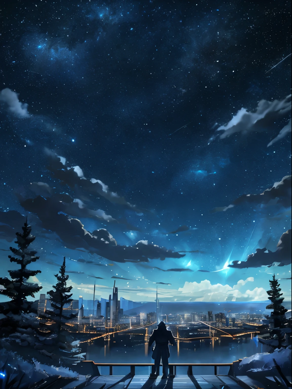 sky sky, As estrelas (sky sky), scenecy, starrysky, natta, Wolf orcs, nigh sky, 独奏, clouds, galactic, sitted, that tree, looking over city