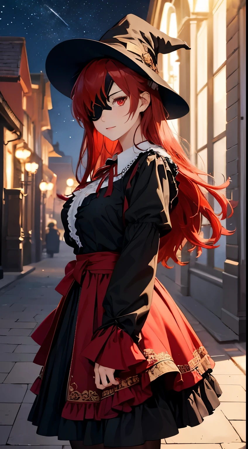 ((best quality)), ((masterpiece)), (detailed), perfect face, ((eyepatch:1.2)), (long hair:1.4), (red hair, red eyes:1.4), 1girl, solo, hat, skirt, legging, witch hat, dirndl gown, black headwear, black dirndl gown, smile, outdoors, black skirt, looking at viewer, black legging, rose pattern legging, red witch hat, long sleeves, bangs, ribbon, frilled skirt, frills, plaid, bow, open clothes, blush, neck ribbon, Star shape eyepatch, gold eyepatch, standing, red ribbon, wide sleeves, black robe, open robe, robe, , hand on waist, medium breasts, large breasts, night, starry night sky, cowboy shot, Photorealistic, Hyperrealistic, Hyperdetailed, analog style, detailed skin, matte skin, soft lighting, subsurface scattering, realistic, heavy shadow, masterpiece, best quality, ultra realistic, 8k, golden ratio, Intricate, High Detail, film photography, soft focus, hollow eyes