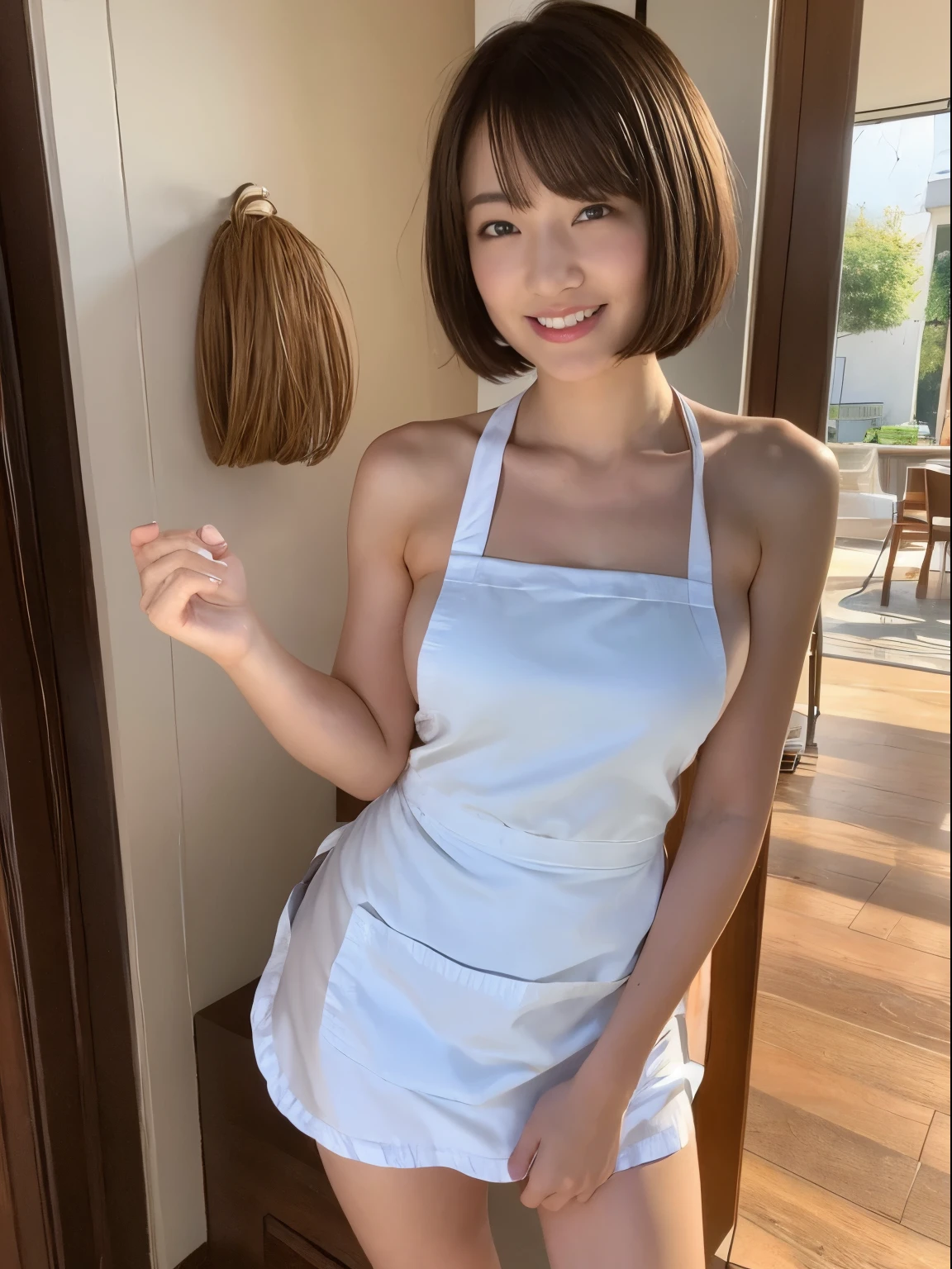 The most beautiful 25-year-old women, Exquisite body with large breasts, Tespero, Winking face with tongue out, (((Naked Apron))),((Maid style apron)),  Lip details, Detailed eyes, double eyelid, Huge breasts, Dark brown short hair, Thighs Thighs, Are standing, (Photorealistic:1.4), (Best image quality:1.0), (Ultra-high resolution:1.0), 8K, RAW Photos, (masterpiece), Inside a maid cafe in Tokyo、Beautiful toes、(Detailed face、The Golden Ratio of Beauty)、A kind smile、Detailed lips、Detailed eyess、Short Bob Hair、Silver Hair、Pink mesh hair, coddle style, super cute face、Slim and beautiful body、Beautiful breasts、Shiny skin、