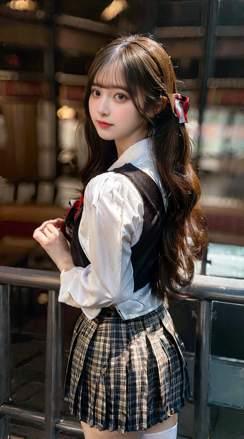 dual horsetail, (ung girl), (Backwards:1.5), back to look back, (Highly detailed beautiful faces), Amazing faces and the most eye-catching qualities:1.4), (ultra - detailed), (extremely detaild的 CG unified 8k wallpapers), The is very detailed, High-definition RAW color photo, professional photoshooting, Realistic portraits, amazing face and eyes, (high school school uniforms, Pleated mini skirt:1.5), (christmas, christmas Ornaments, christmas tree), indoor, schools, Classroom, (Transparent lace:1.2), depth of fields, (look from down:1.3),