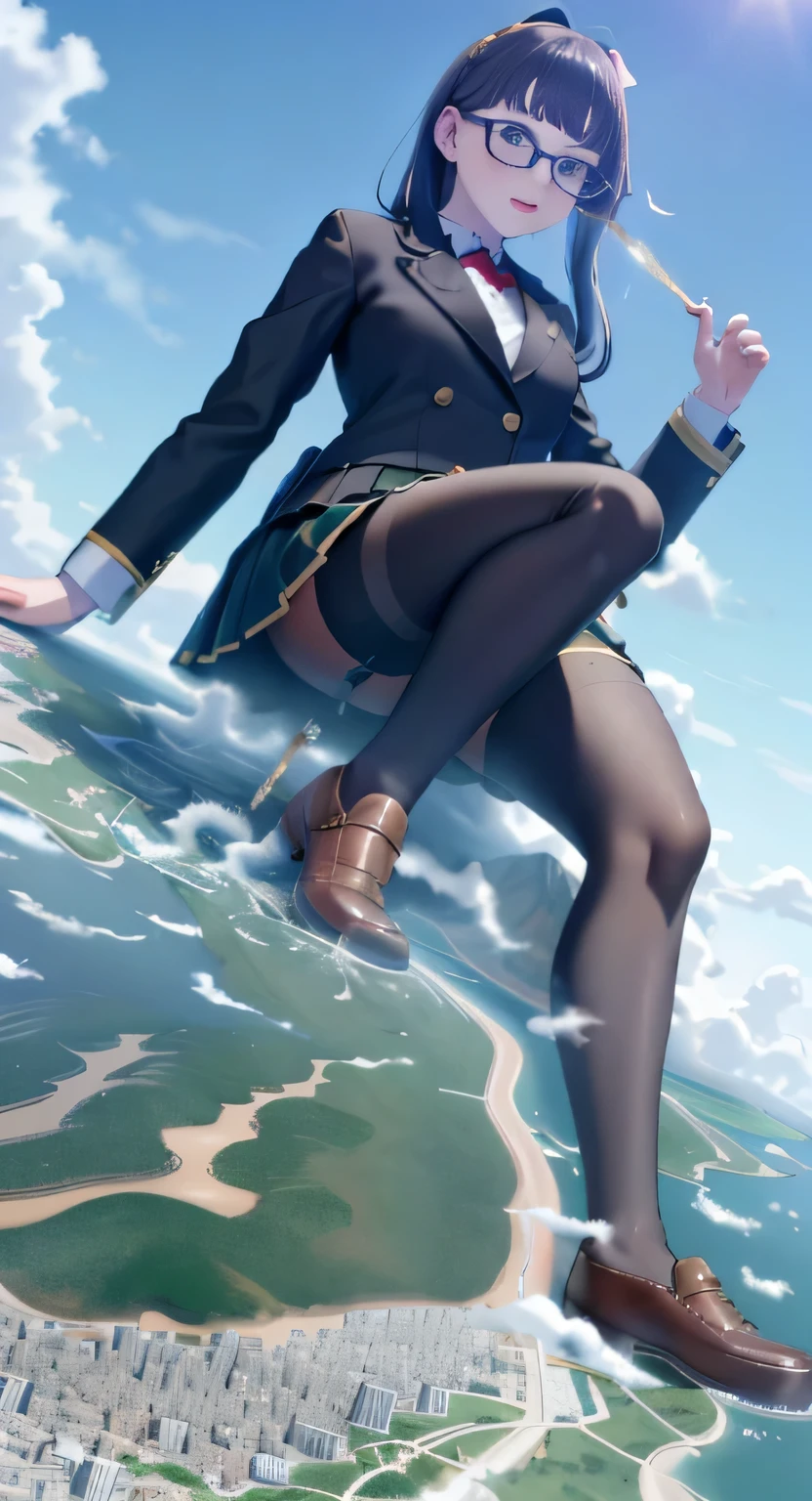 giantess art, a hyperrealistic schoolgirl, 非常に詳細なder rieseショット, der riese, Shorthair, Black pantyhose, a huge high school girl、&#39;It&#39;s much bigger than a skyscraper, Wearing rimless glasses, Colossal tits, Navy blue blazer, Red tie, Mini Length Skirt, Black pantyhose, I'm not wearing shoes., very small metropolis, miniature metropolis, 足元までの高さしかないminiature metropolisで、squatting and urinating, The city is a sea of urine, tsunami of urine, Small trains and cars are washed away with urine., Full body depiction, nffsw, Giga Giants, Black pantyhose, Pantyhose legs, Pantyhose feet, ,Stomping City,crash city,Small town,micro city, Peeing,