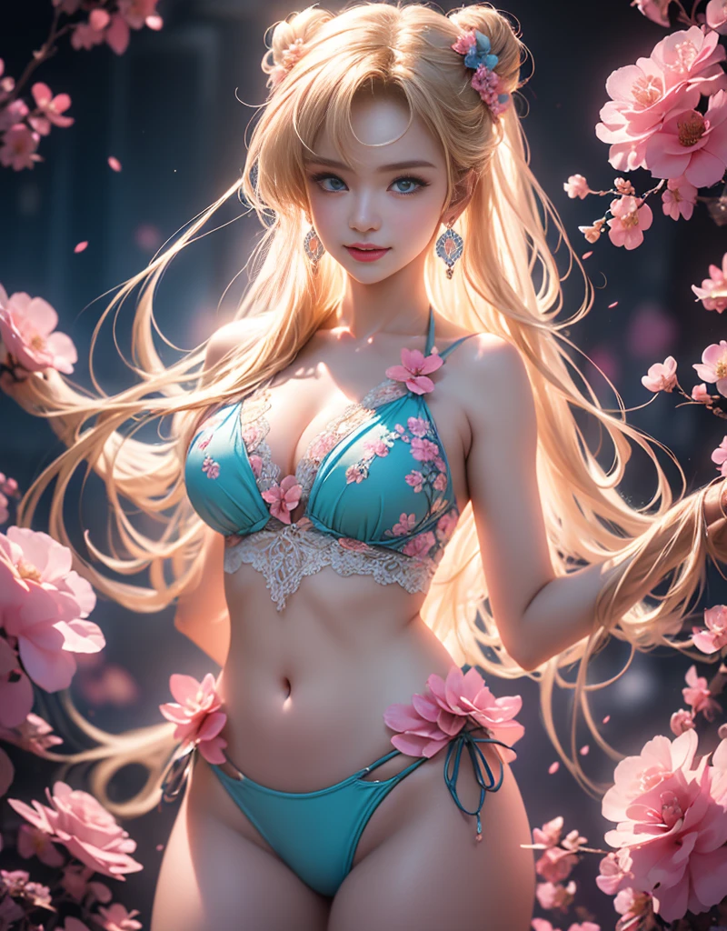 tmasterpiece,Highest image quality,super detailing,Best quality ,Extremely Delicately Beautiful, Very meticulous,Best quality, offcial art, extremely detaild的 CG unified 8k wallpapers, portrait photo of an, The most beautiful look,blond hair blue eyes,Radiant skin and radiant eyes, pretty skin,(Detailed lighting:1.2), (Beautiful and detailed light:1.3), deep understanding, beautiful color, iintricate, digitial painting, smooth private parts, Focus sharp, The end of the world, Epic reality, (HighDynamicRange:1.4),(pastel colour:1.4), Beautiful big end of the world的, giving up, com cores neutras, natta, Screen space refraction, (Complicated details, ultra - detailed:1.3), art stations, Cinema lenses, vignet, the complex background, buliding,Enchanted smile,face flushed,the shy,detailed back ground,(Dream catcher earrings in various colorlack in color,in pink,purpleish color,red colour,blue colors,orange colors,green color,cyan colors,),sexy and sultryhe kinky is exposed,Ctoes,Combed throurk and thick hair,),semi transparent,Ultrathin,Correct bodies,Hollow-out on,Lace,Twisted braided kini swimsuit,Broken flower bikini,Floral-print bikini set,Beautiful bikini model,
