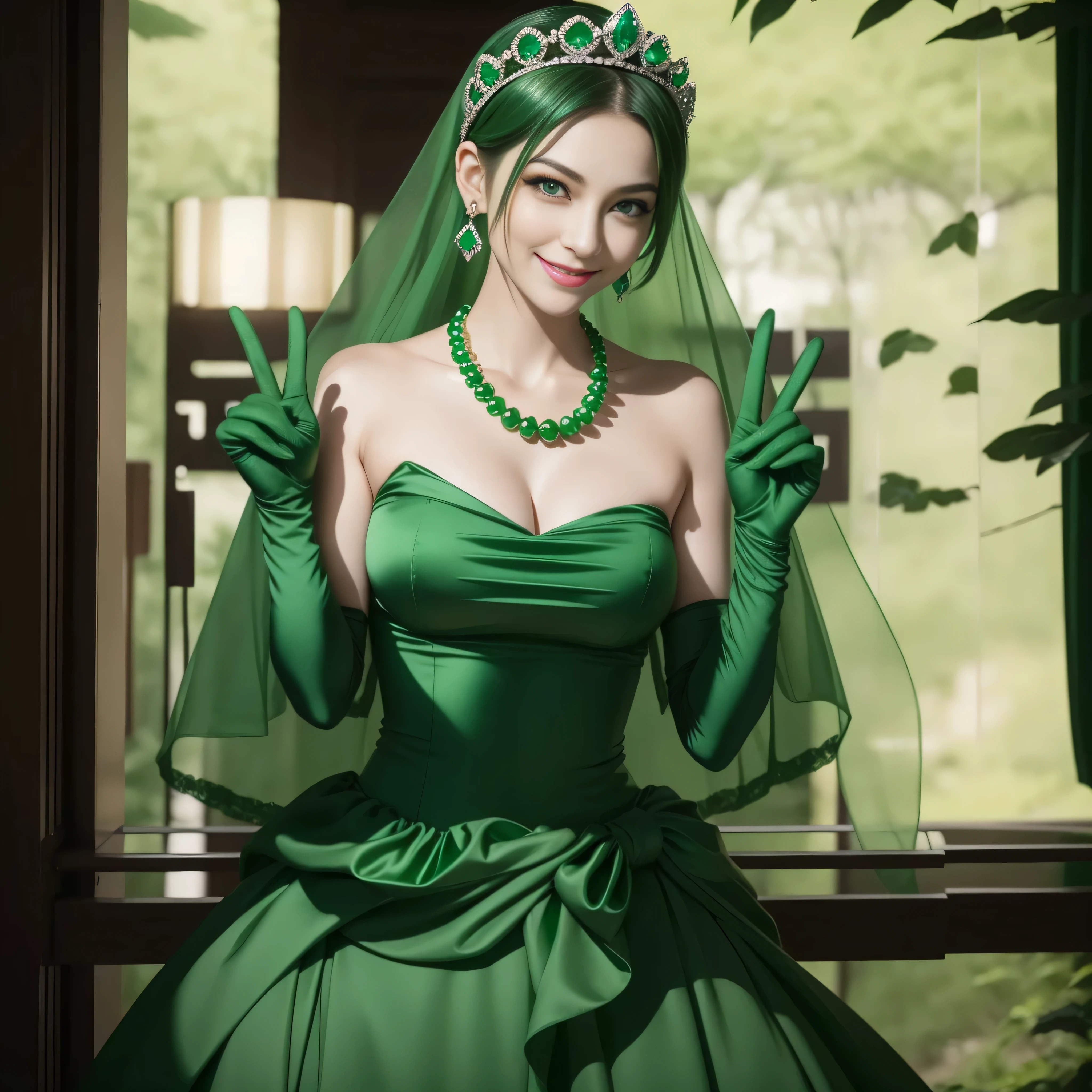 emerald tiara, Green Pearl Necklace, Boyish very short green hair, lipsticks, Japan woman smiling, very short short hair, big breasts beautiful, Green eyes, Long green gloves made of satin material, Green eyes, Emerald Earrings, green vale, v sign