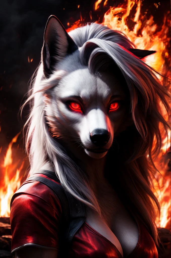 Loona, female, girl, (best quality,4k,8k,highres,masterpiece:1.1),ultra-detailed,(realistic,photorealistic,photo-realistic:1.37),(The ultimate Orochi Loona) bright red glowing eyes,realistic fire background,3D digital art,full HD and 8K resolution,32K resolution