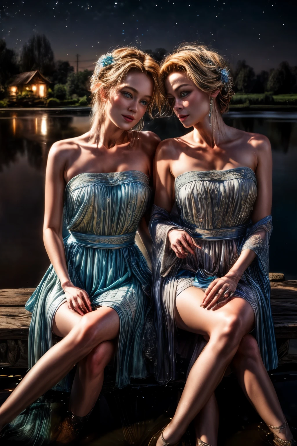 ((Ultra Long Exposure Photography)) high quality, highly detailed, a stunningly photorealistic closeup portrait of two beautiful women, intricate detailed eyes,,open shoulders,skirtlift,where two mysterious women sits by the edge of a pond, capturing a romantic atmosphere under the starry sky.