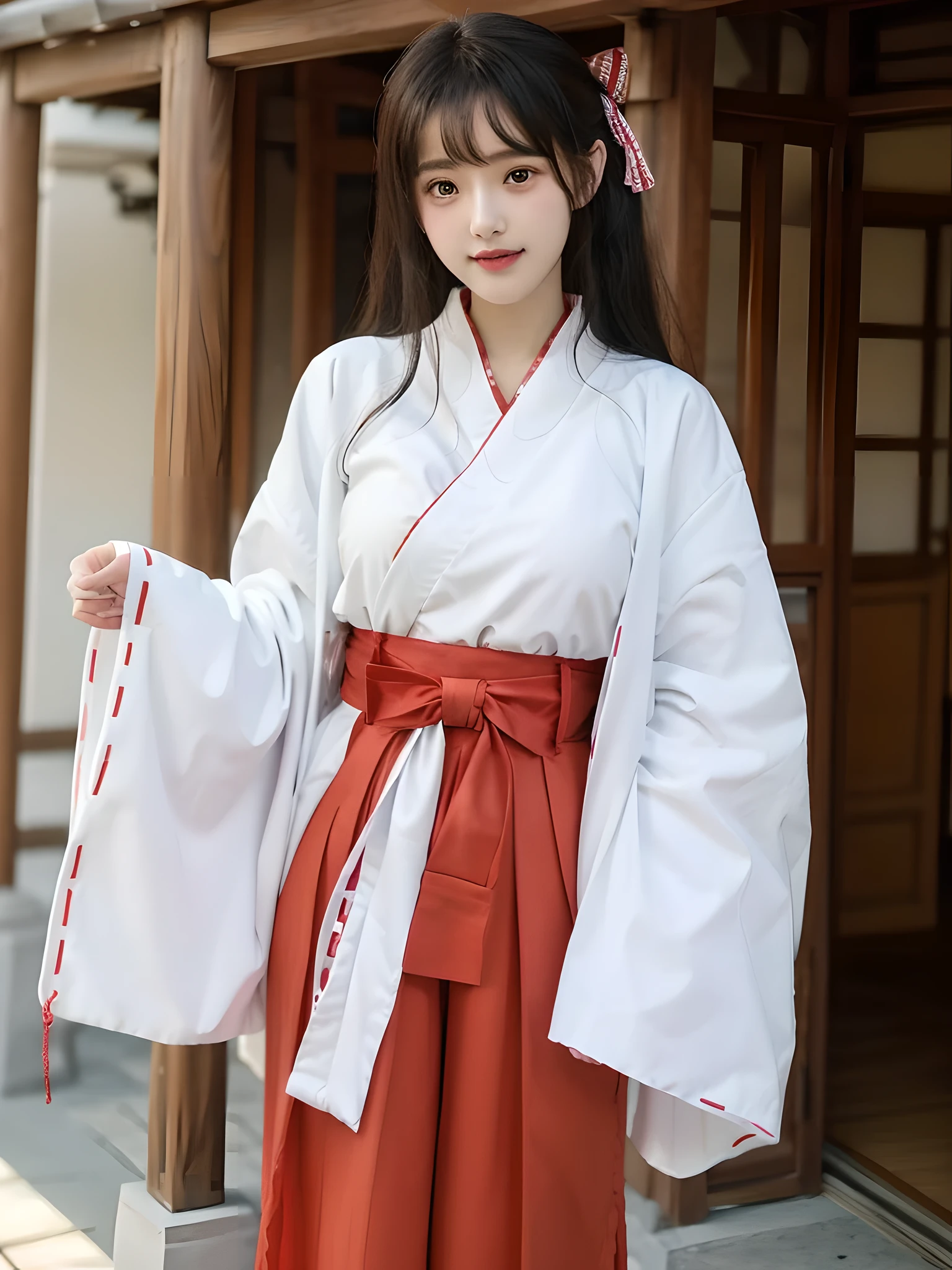 ulzzang -6500-v1.1,(masutepiece, top-quality:1.3),(Top image quality,8K:1.3),Realistic high-quality photos,top-quality,Real, Photorealistic, 8K, High resolution, BREAK 1 Japanese girl, 18 years old,Beautiful Girl, extra details black eyes, Very detailed face, Floating hair, Solo Standing, shrine maiden, shrine maiden_Clothes, Red Hakama, shrine maiden_Dress, (Black hair) Bangs, blush gentle smile, Large breasts, BREAK Shrine , Detailed background,