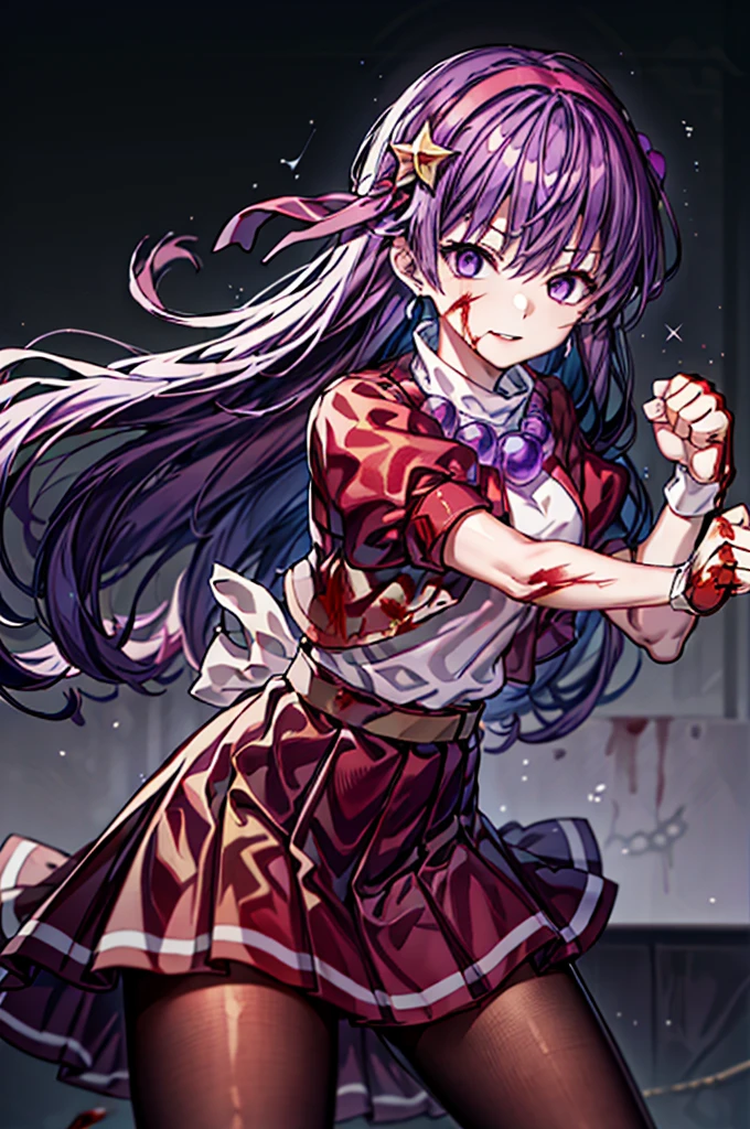 (masterpiece)、(top-quality)、(ultra-detailliert)、intricate detailes、athena97、(1girl in)、独奏、Purple eyes、Purple hair、length hair、White earrings、red hairband、Star hair ornament、Medium Breath、Red vest、White turtleneck、White Puff Sleeves、shortsleeves、Red pleated skirt、(Crimson pantyhose:1.2)、Black pantyhose、Yellow belt、purple sphere shape necklace、Red fingerless gloves、White short socks、Red shoes、evil smile、NSFW、cowboy shot rally background、anime styled、(Blood on the face:1.4)、(Fighting stance:1.6)、hypnoLora、
Empty eyes